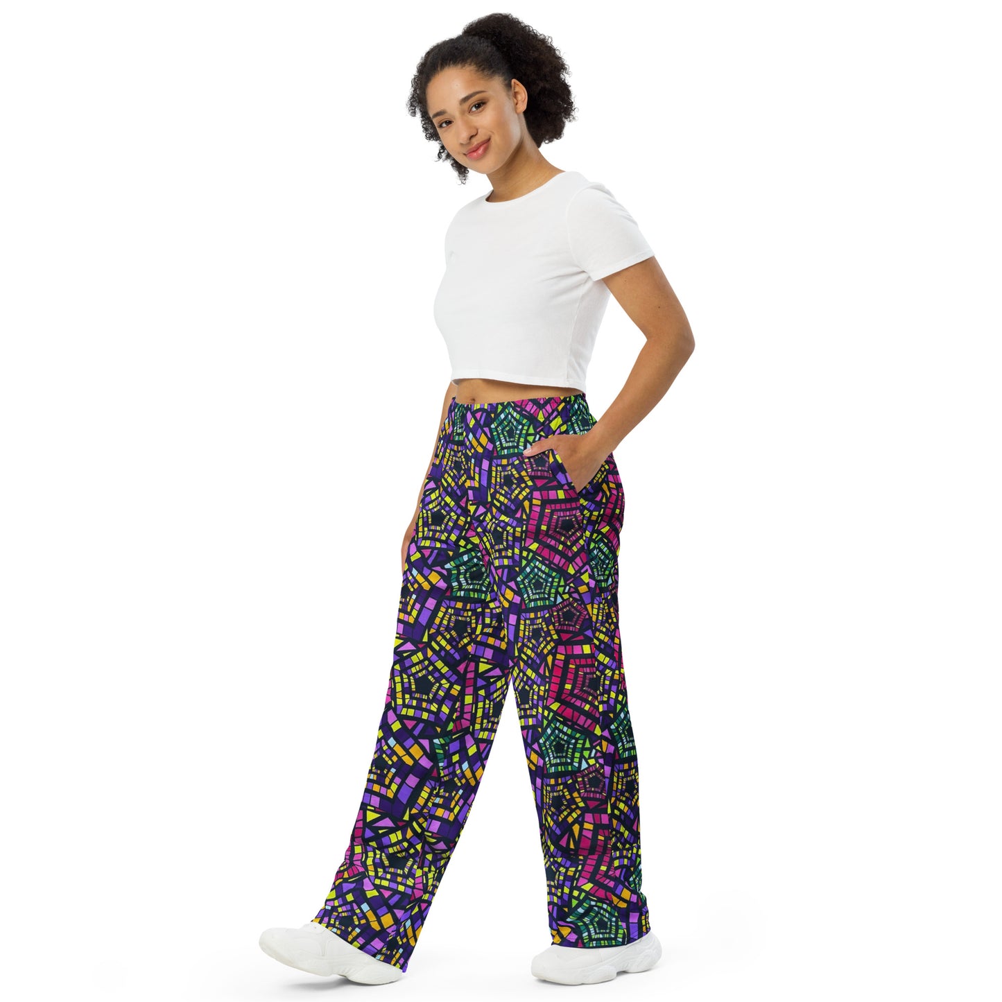 Yellow Pink Green Kente Ankara Unisex Wide-Leg Pants