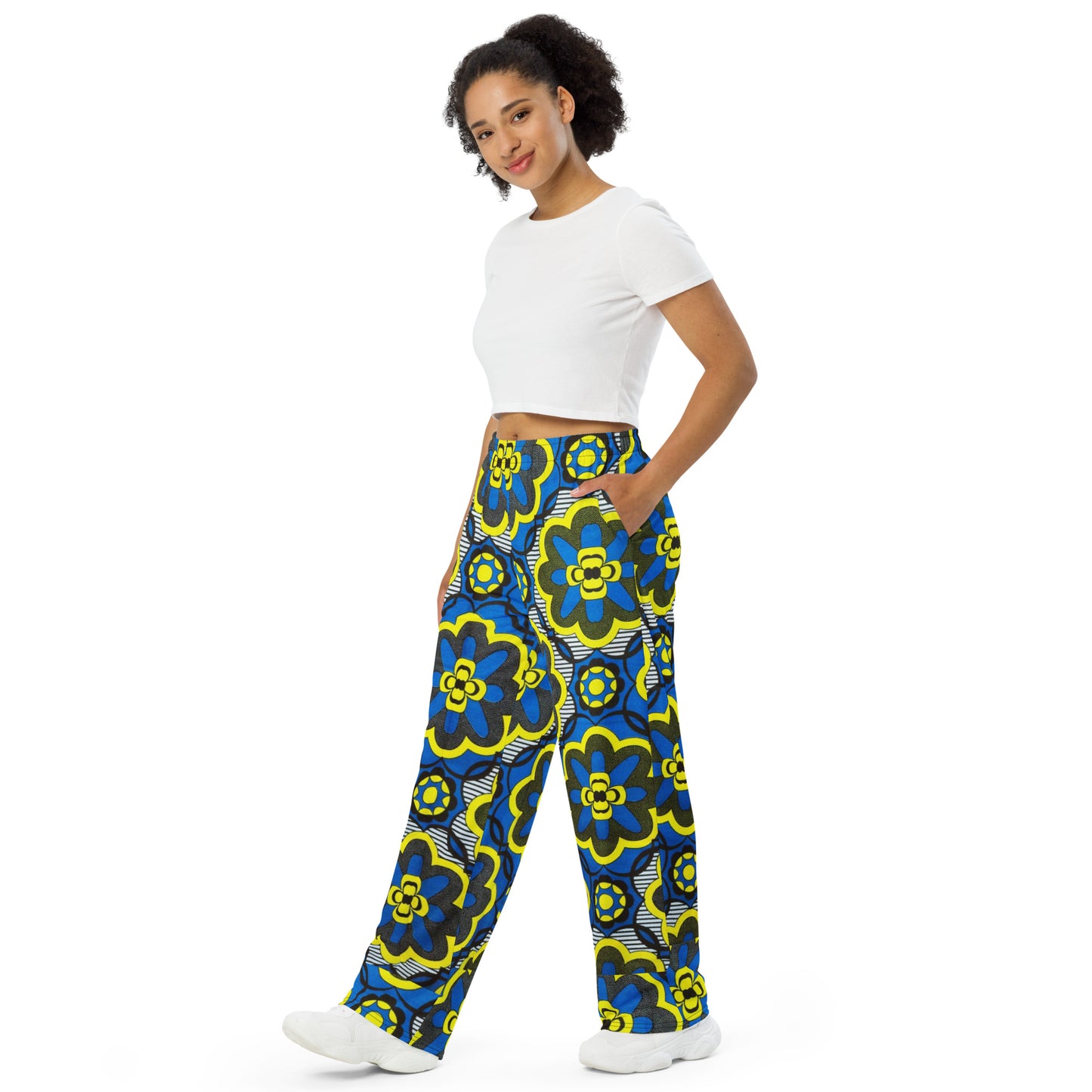 Yellow Blue & Grey Floral Shape Ankara Unisex Wide-Leg Pants