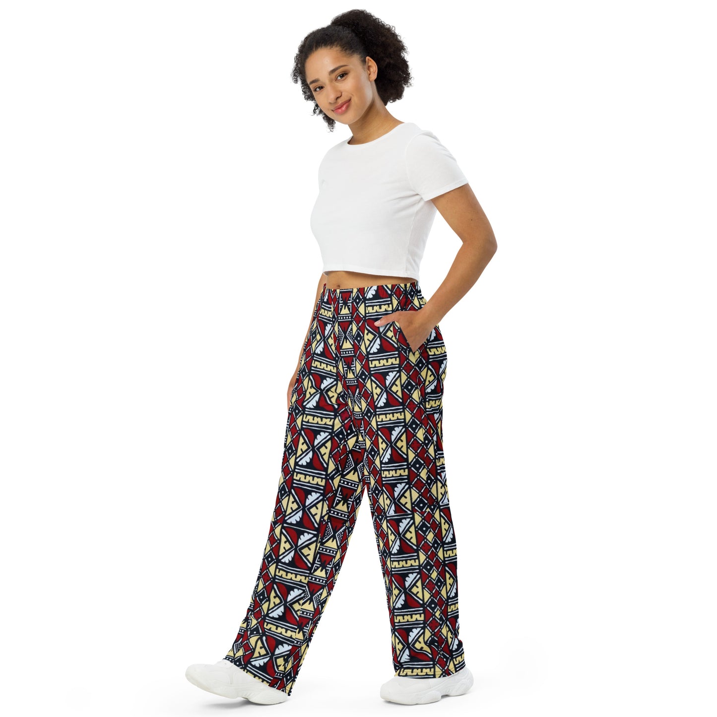 Red Cream Black & White Bogolan Ankara Unisex Wide-Leg Pants