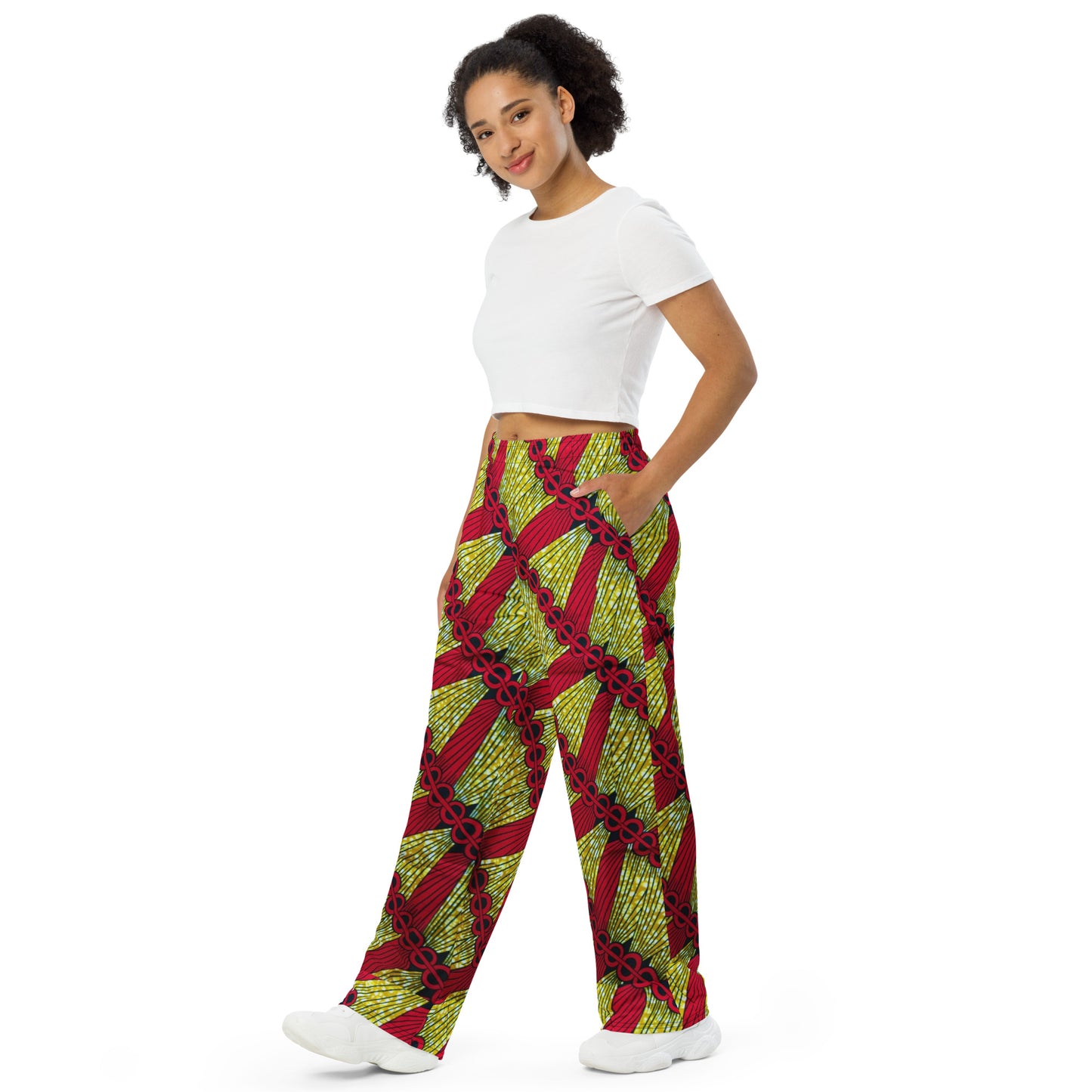 Red On Lime Green Ankara Unisex Wide-Leg Pants