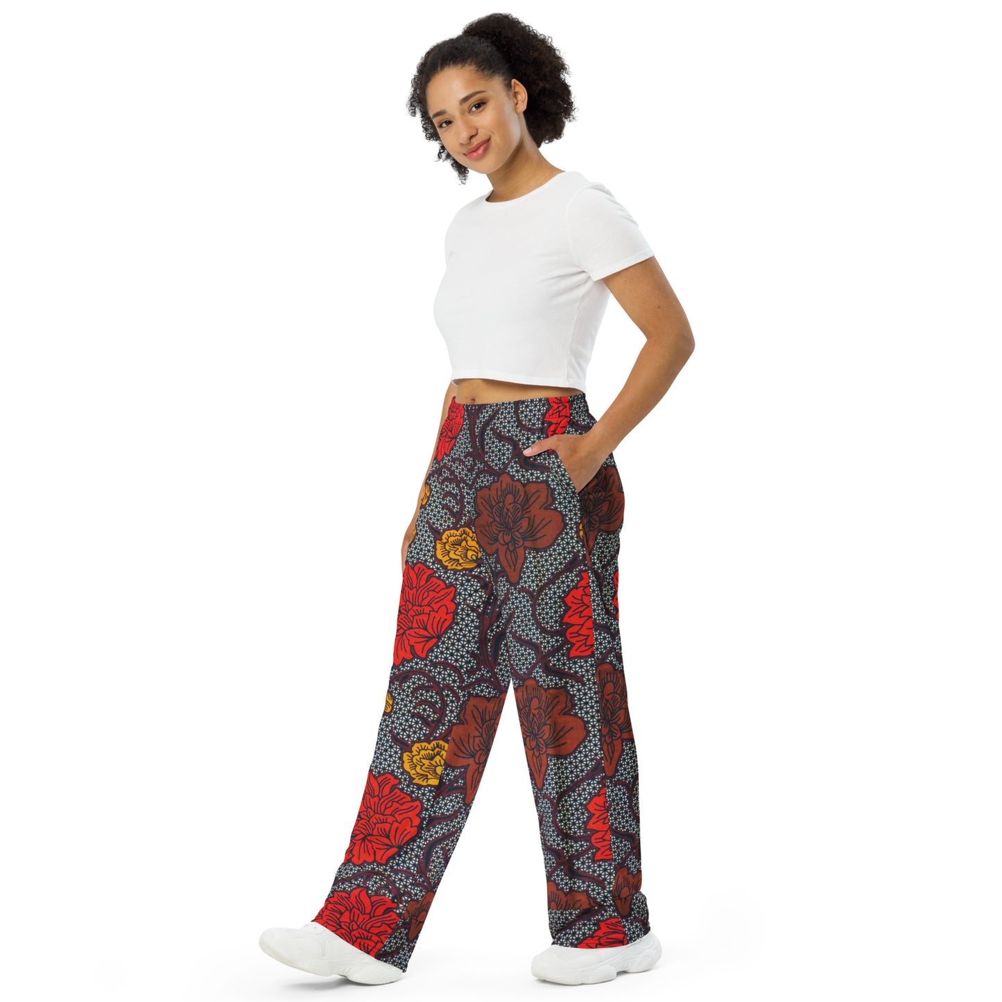 Red Brown & Yellow Floral Ankara Unisex Wide-Leg Pants