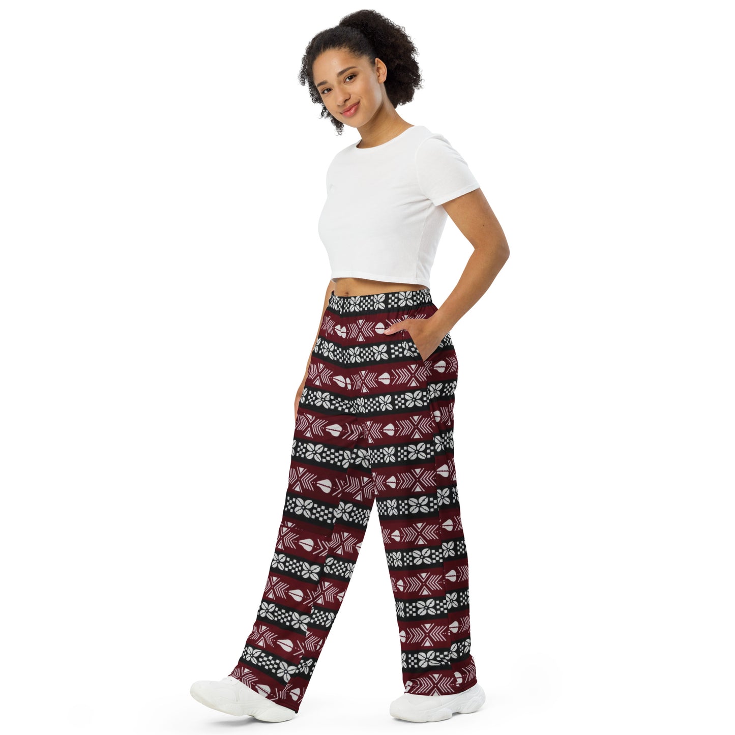 Red Black & White Bogolan Ankara Unisex Wide-Leg Pants