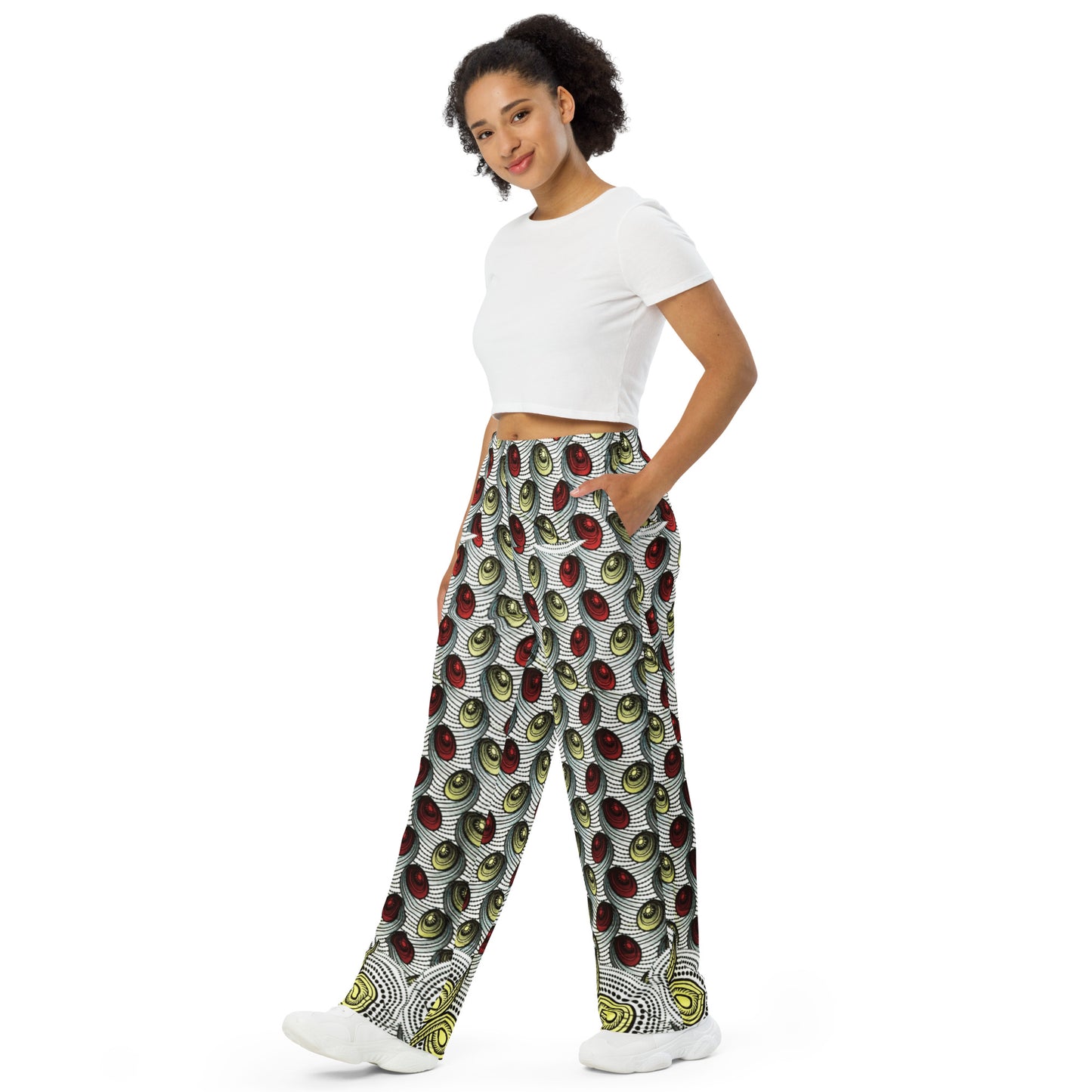 Red & Pale Yellow Ovals Ankara Unisex Wide-Leg Pants