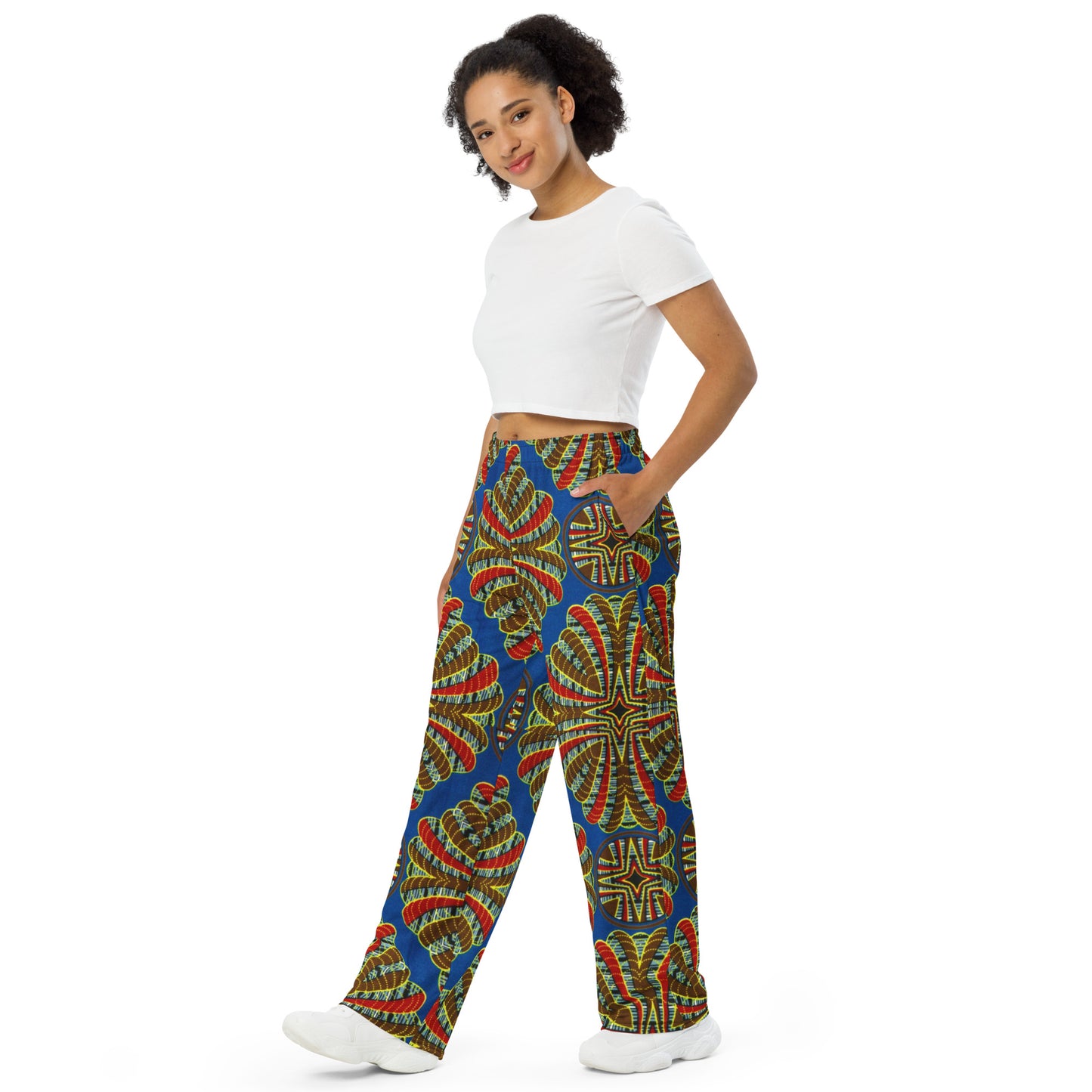 Red & Brown Abstract On Blue Ankara Unisex Wide-Leg Pants