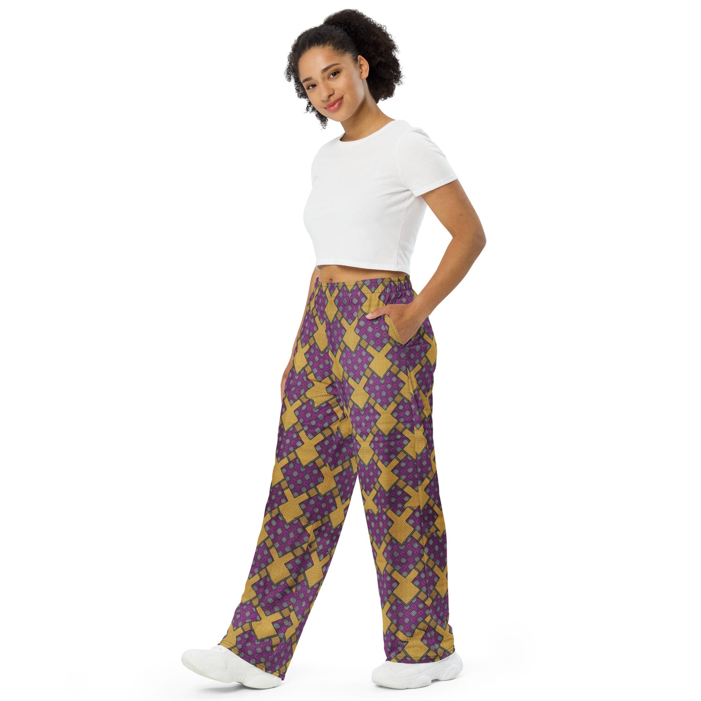 Purple Yellow Shapes Ankara Unisex Wide-Leg Pants