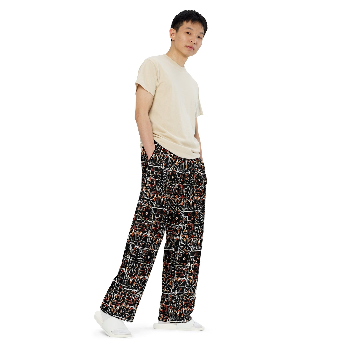 Red Black Abstract Pattern Adire Unisex Wide-Leg Pants