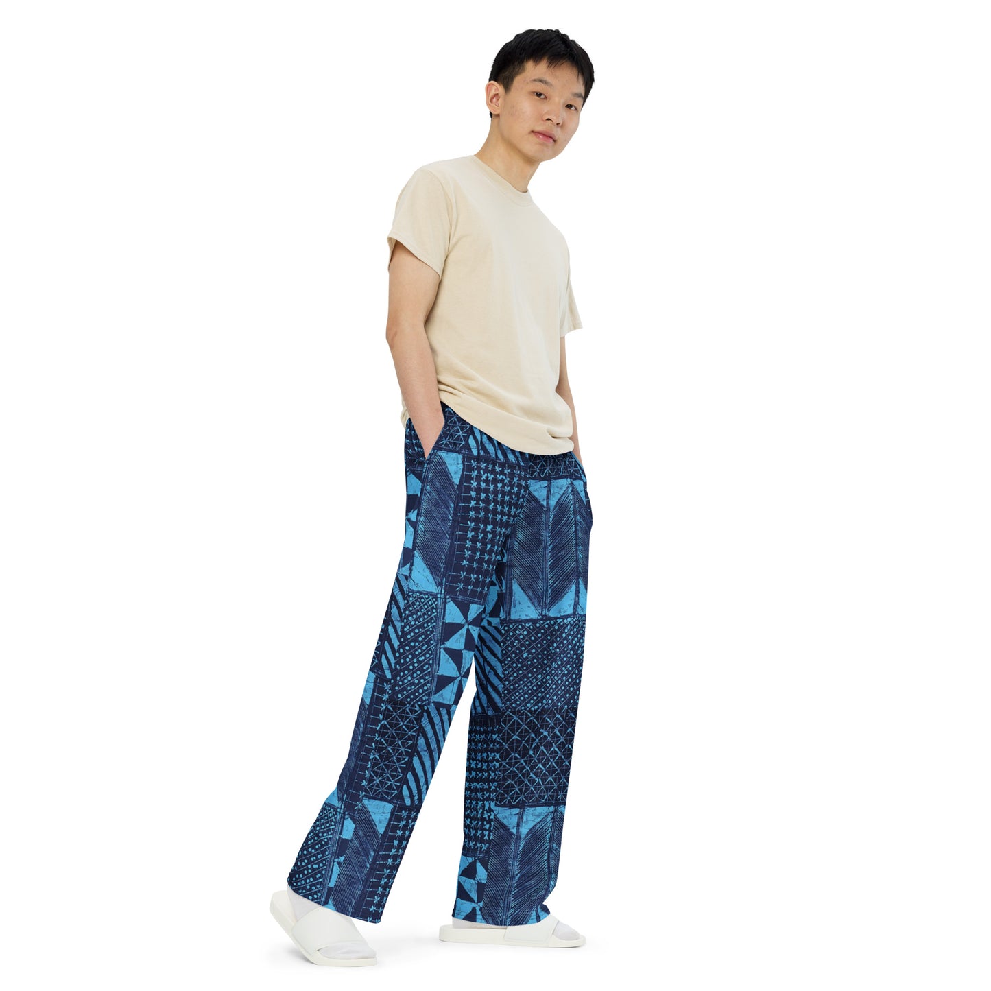 Black And Turquoise Shapes Adire Unisex Wide-Leg Pants