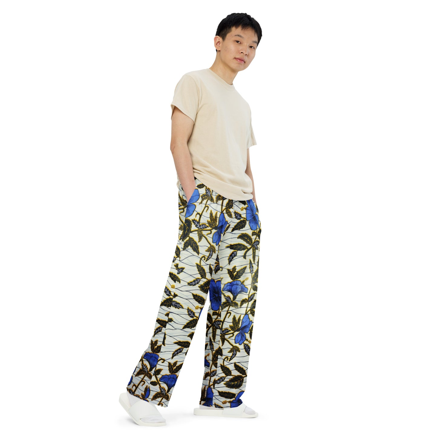 Cornflower Blue Leafy Ankara Unisex Wide-Leg Pants