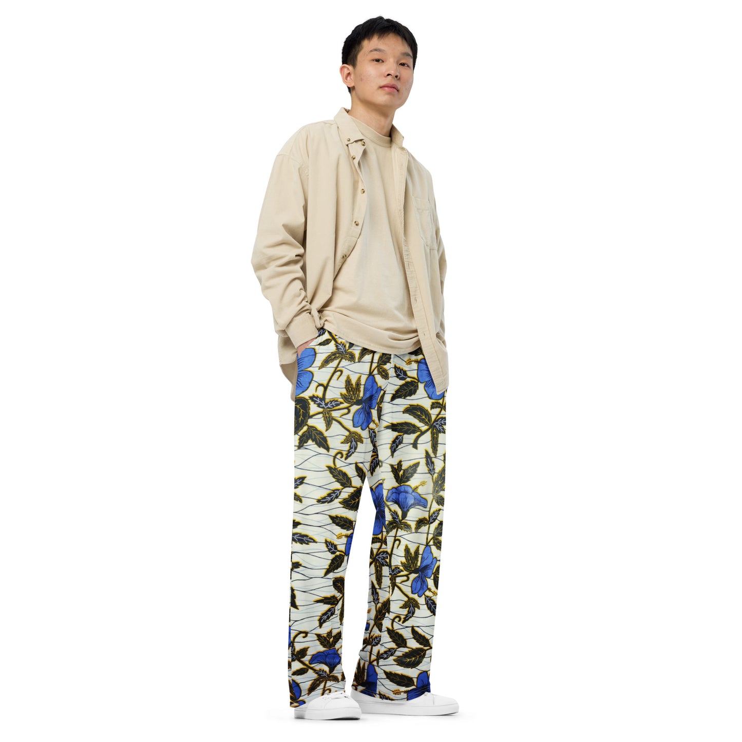 Cornflower Blue Leafy Ankara Unisex Wide-Leg Pants