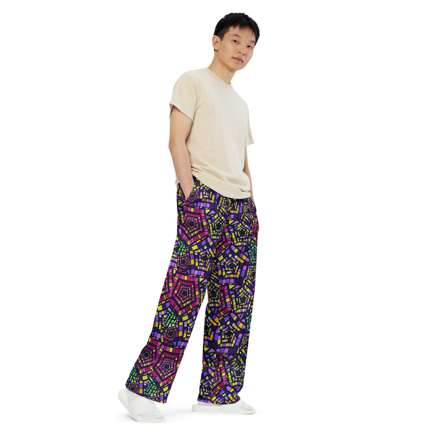 Yellow Pink Green Kente Ankara Unisex Wide-Leg Pants