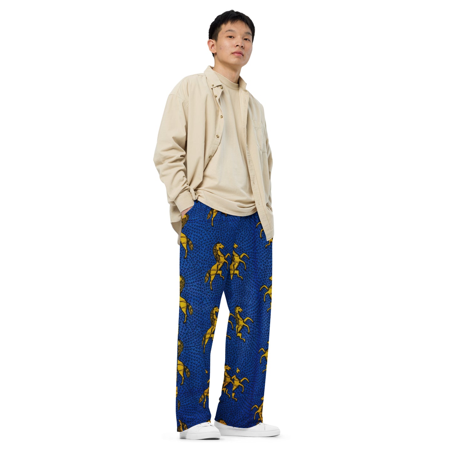 Yellow Horses On Blue Ankara Unisex Wide-Leg Pants