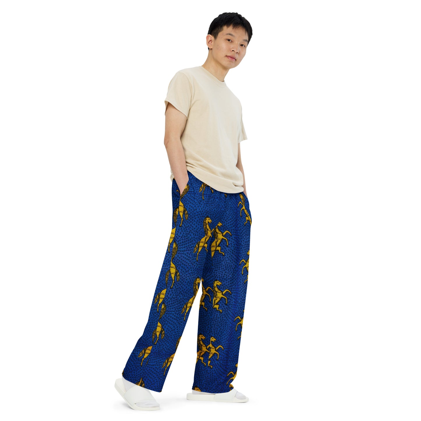 Yellow Horses On Blue Ankara Unisex Wide-Leg Pants