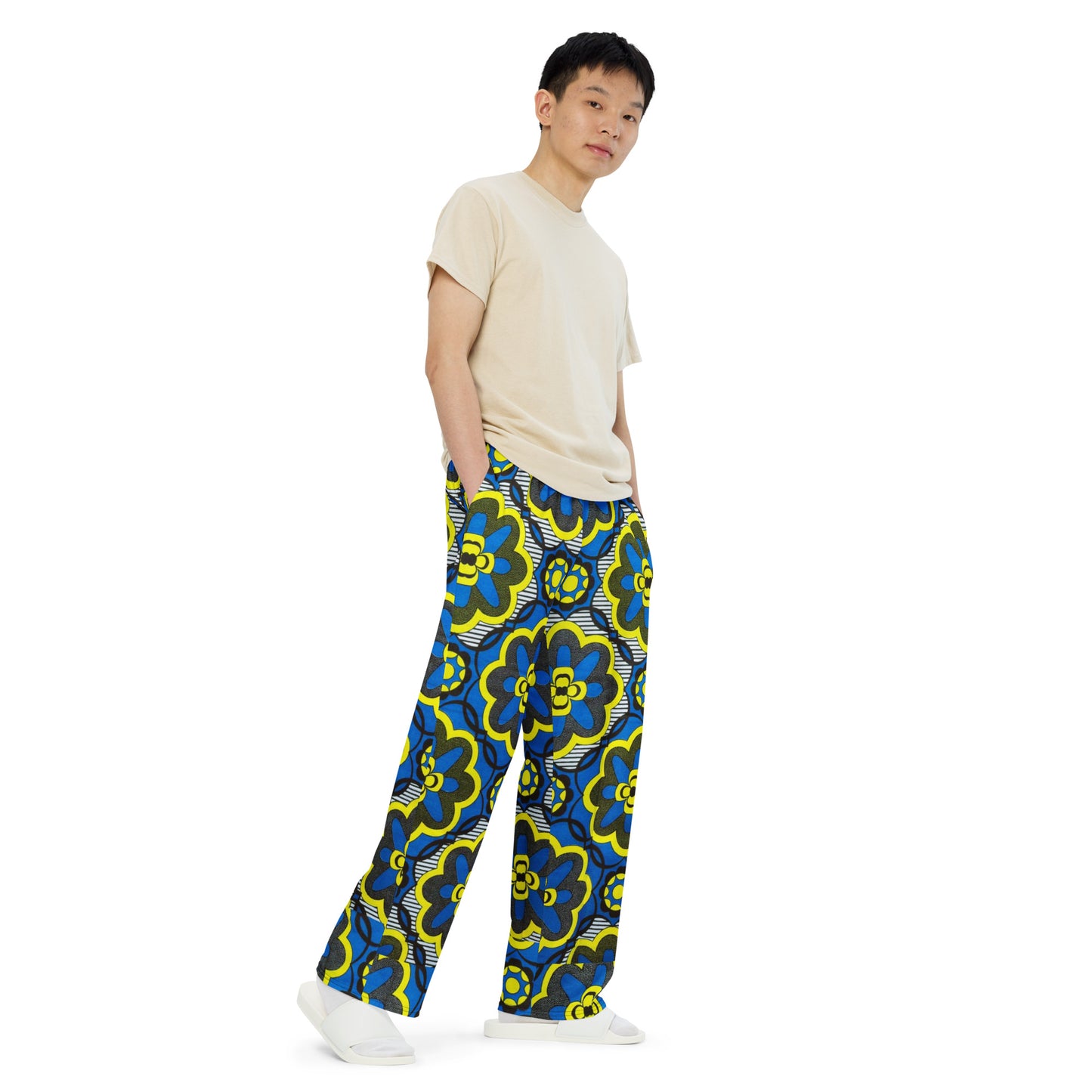 Yellow Blue & Grey Floral Shape Ankara Unisex Wide-Leg Pants