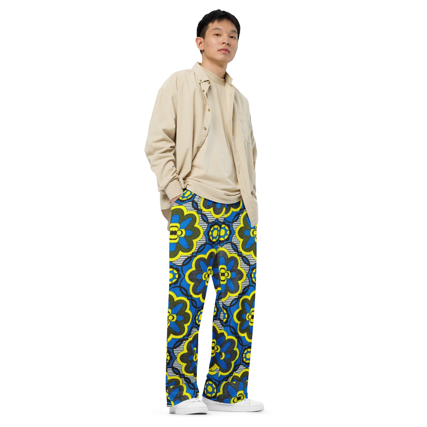 Yellow Blue & Grey Floral Shape Ankara Unisex Wide-Leg Pants