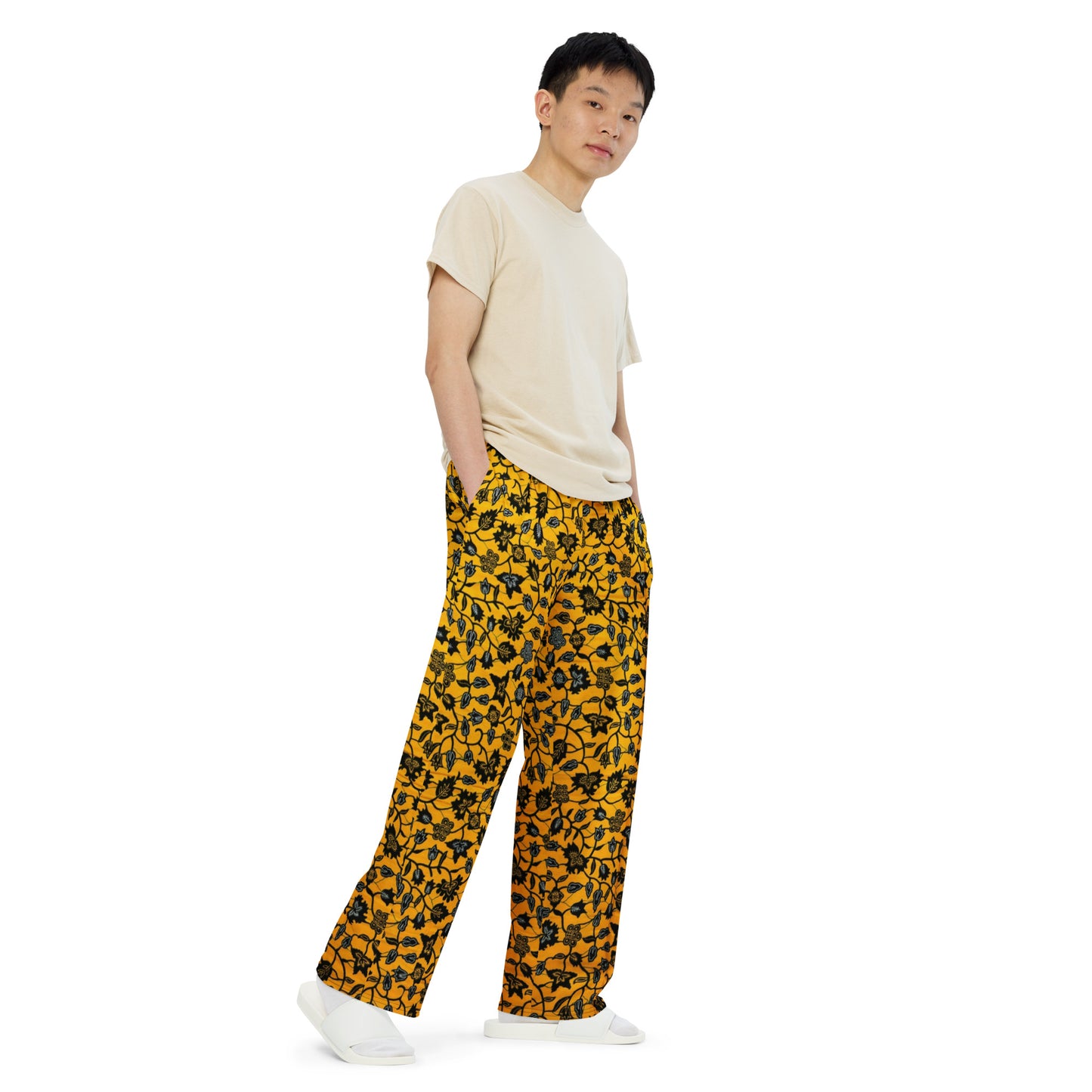 Yellow & Leaves Ankara Unisex Wide-Leg Pants