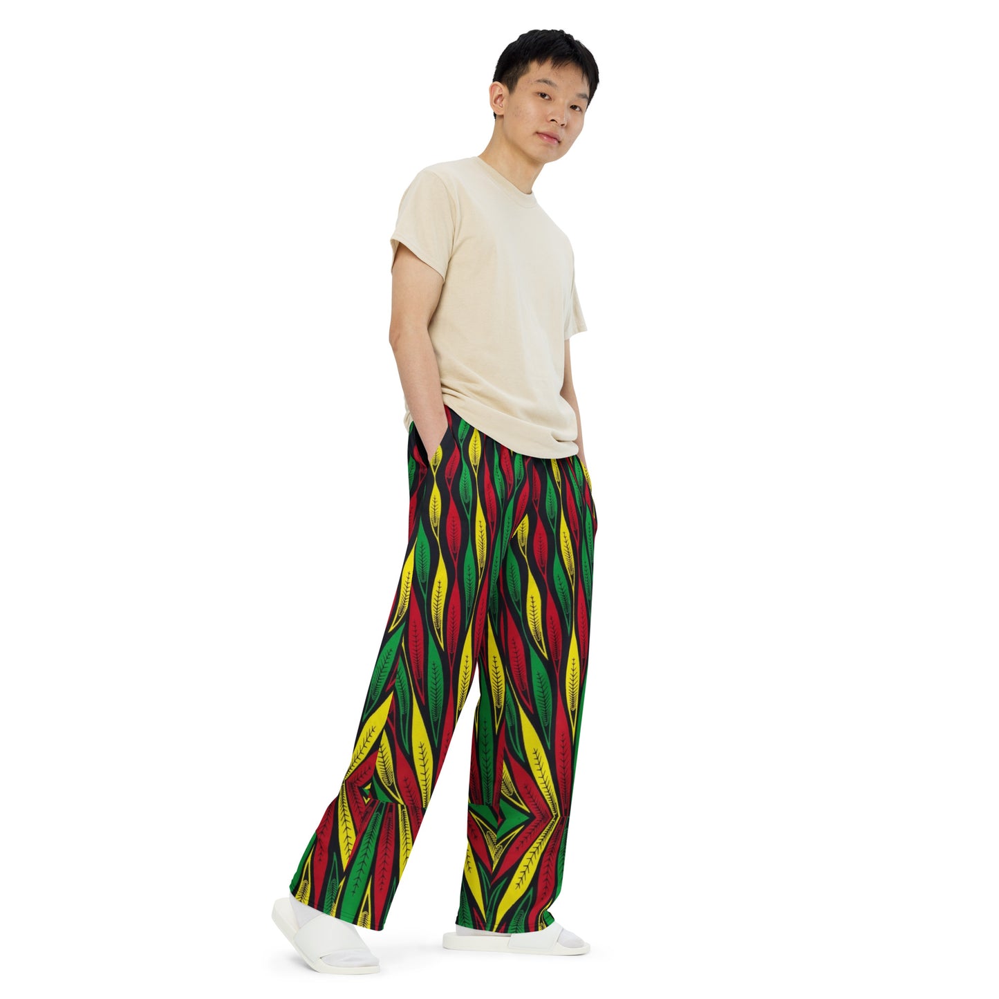 Red Yellow Green Leaf Ankara Unisex Wide-Leg Pants