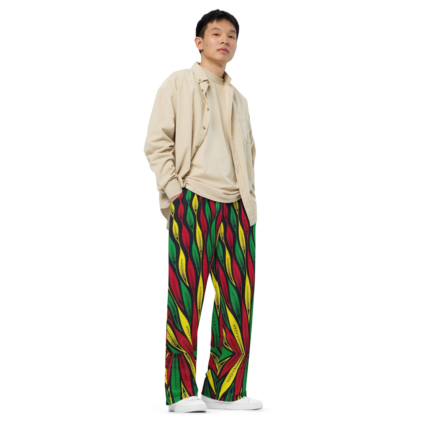 Red Yellow Green Leaf Ankara Unisex Wide-Leg Pants