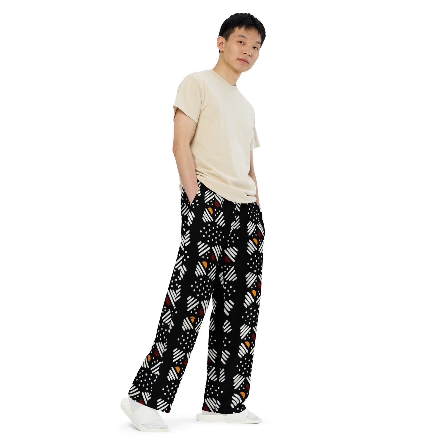 Red Yellow Black & White Bogolan Ankara Unisex Wide-Leg Pants