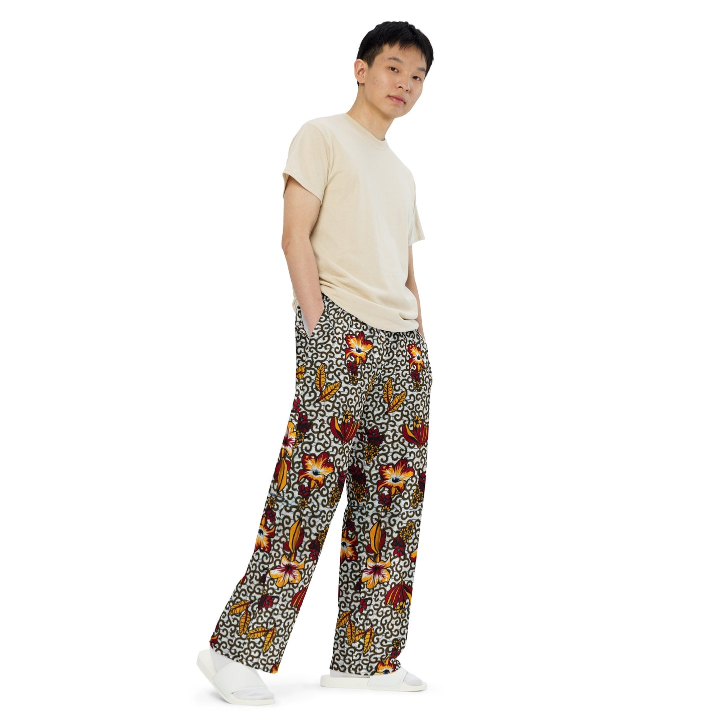 Red White & Yellow Flower Ankara Unisex Wide-Leg Pants