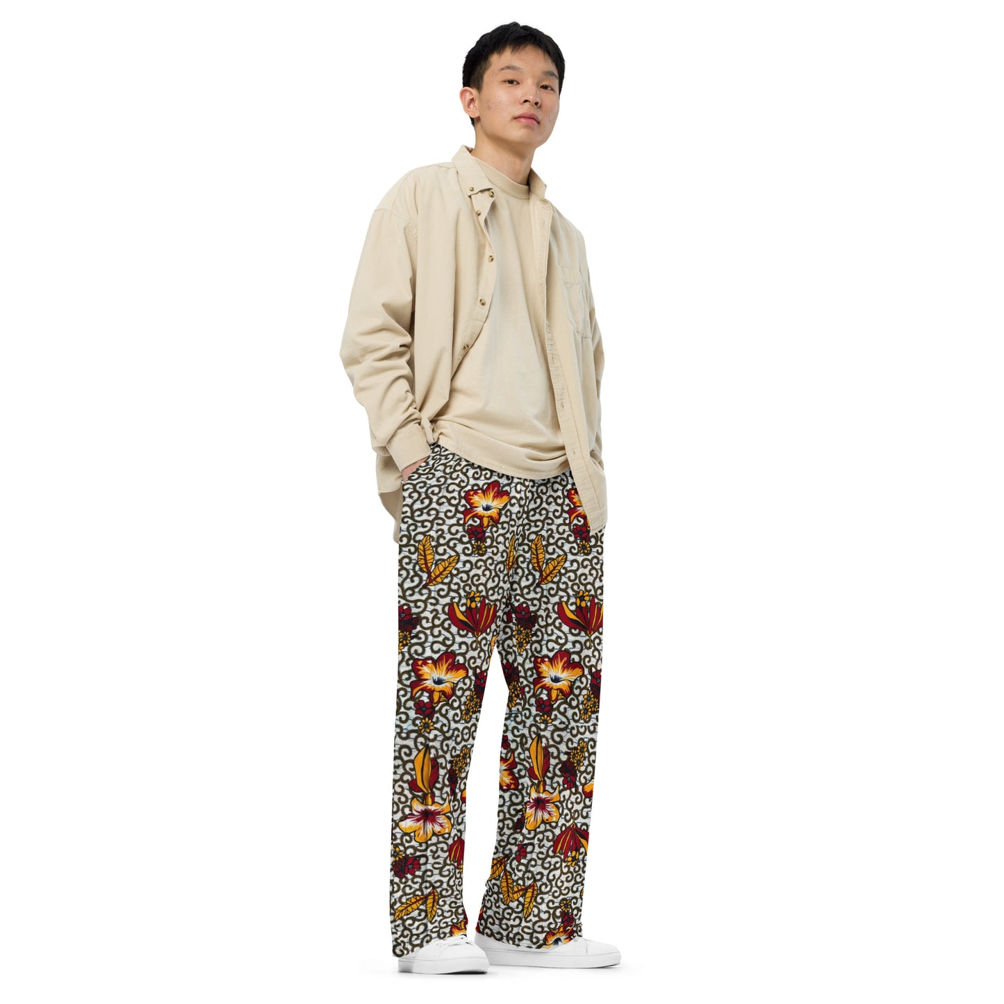 Red White & Yellow Flower Ankara Unisex Wide-Leg Pants