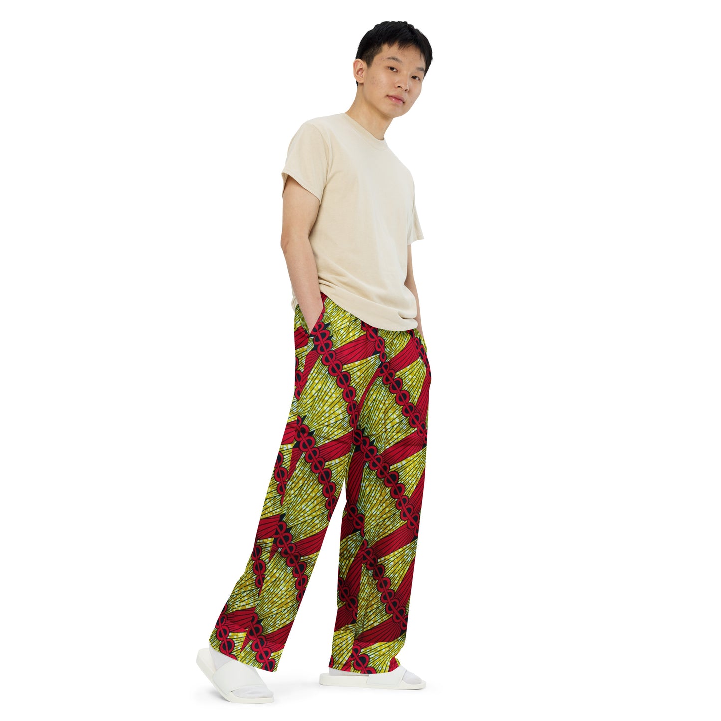 Red On Lime Green Ankara Unisex Wide-Leg Pants