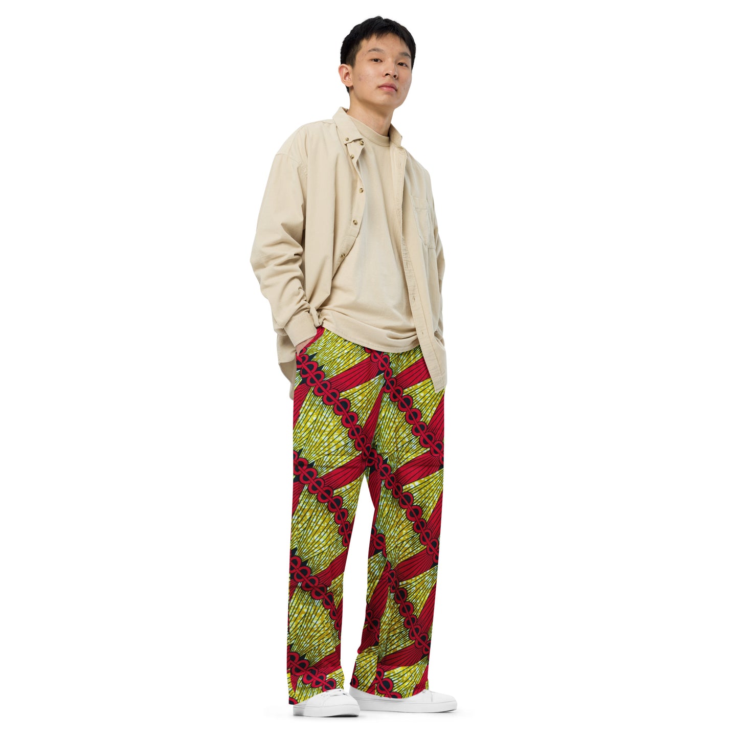 Red On Lime Green Ankara Unisex Wide-Leg Pants