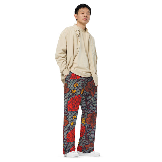 Red Brown & Yellow Floral Ankara Unisex Wide-Leg Pants