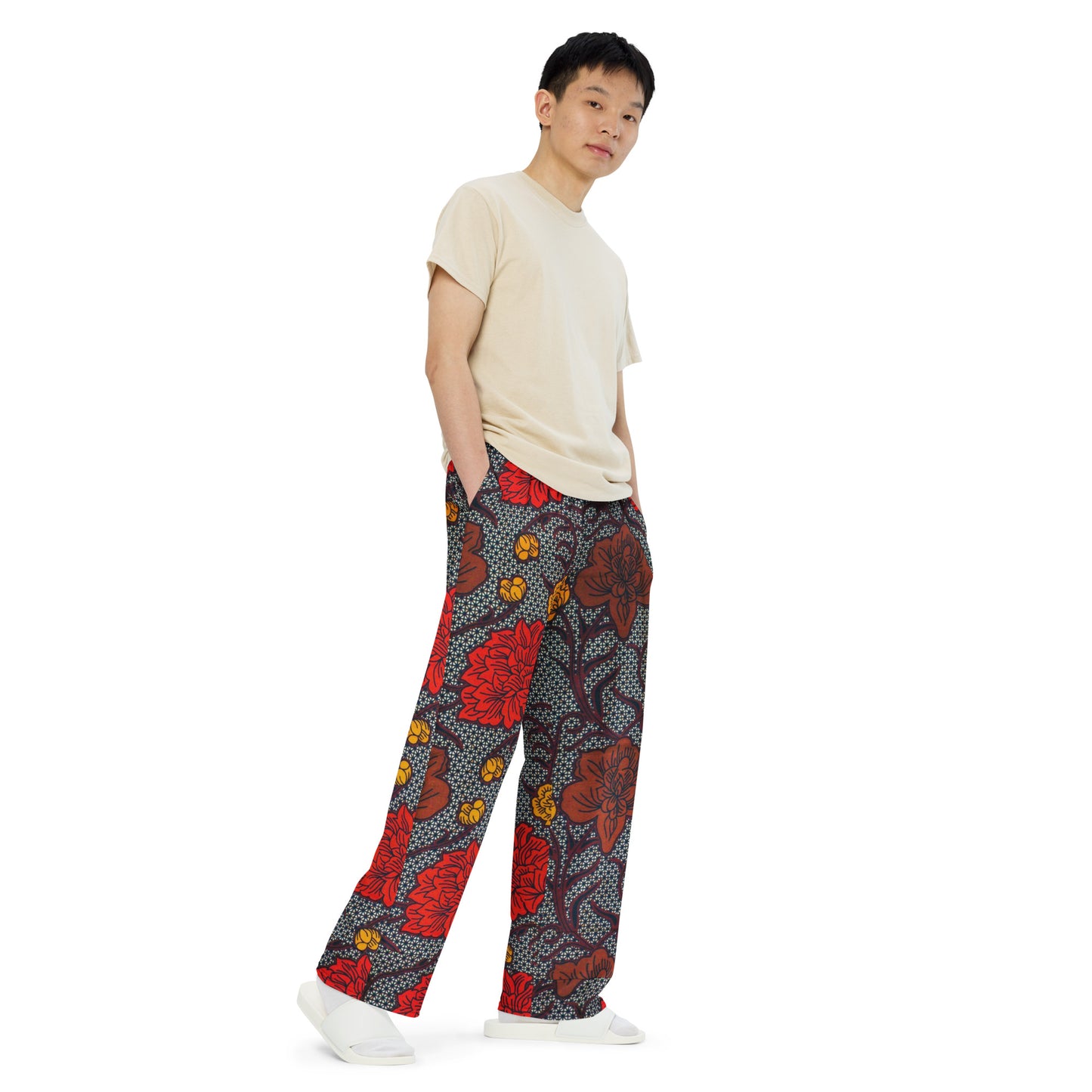 Red Brown & Yellow Floral Ankara Unisex Wide-Leg Pants