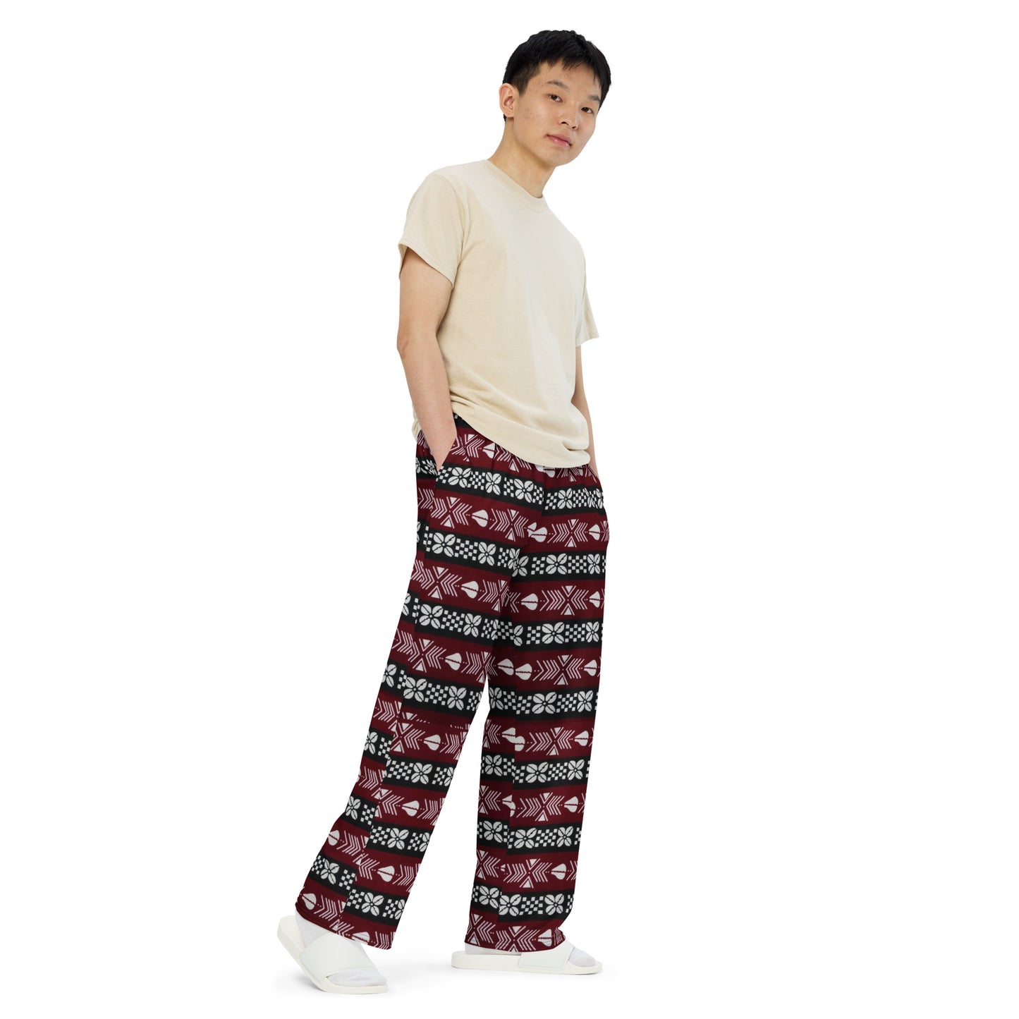 Red Black & White Bogolan Ankara Unisex Wide-Leg Pants