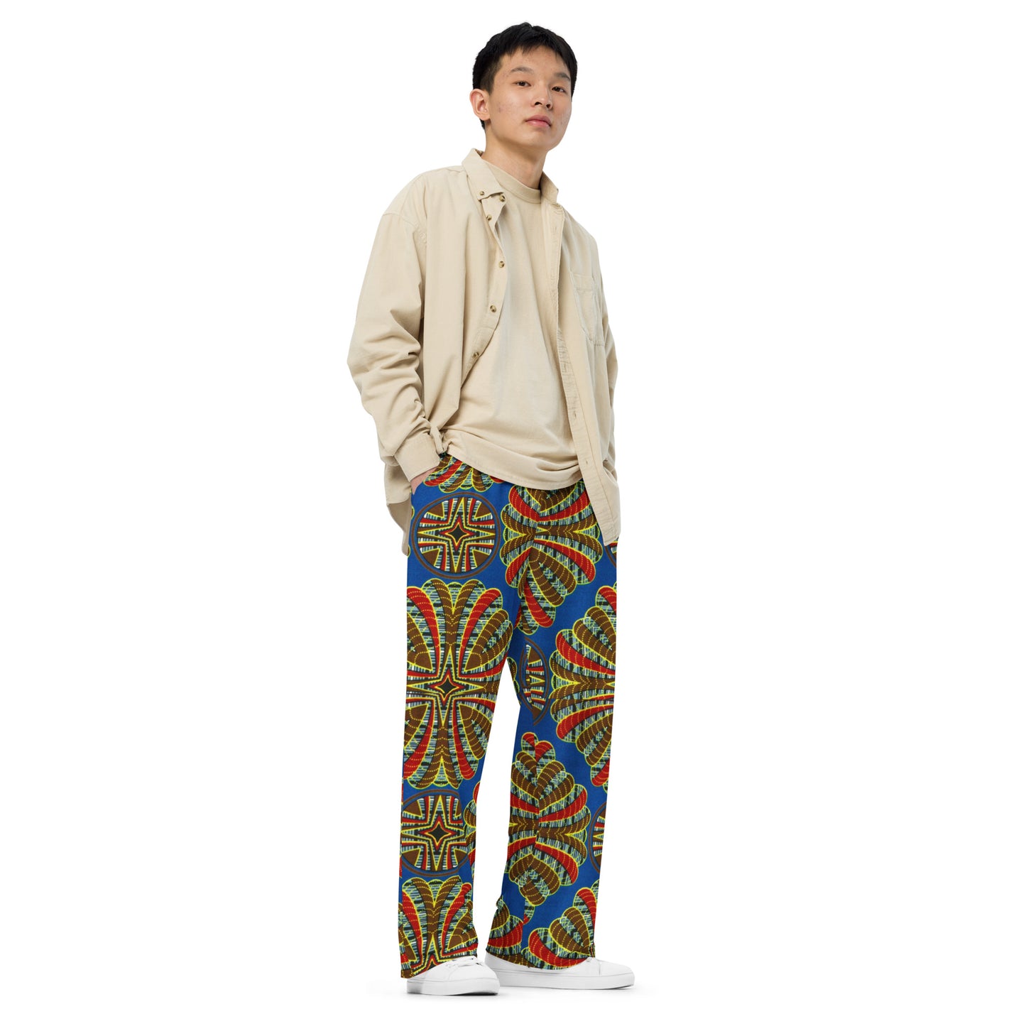 Red & Brown Abstract On Blue Ankara Unisex Wide-Leg Pants