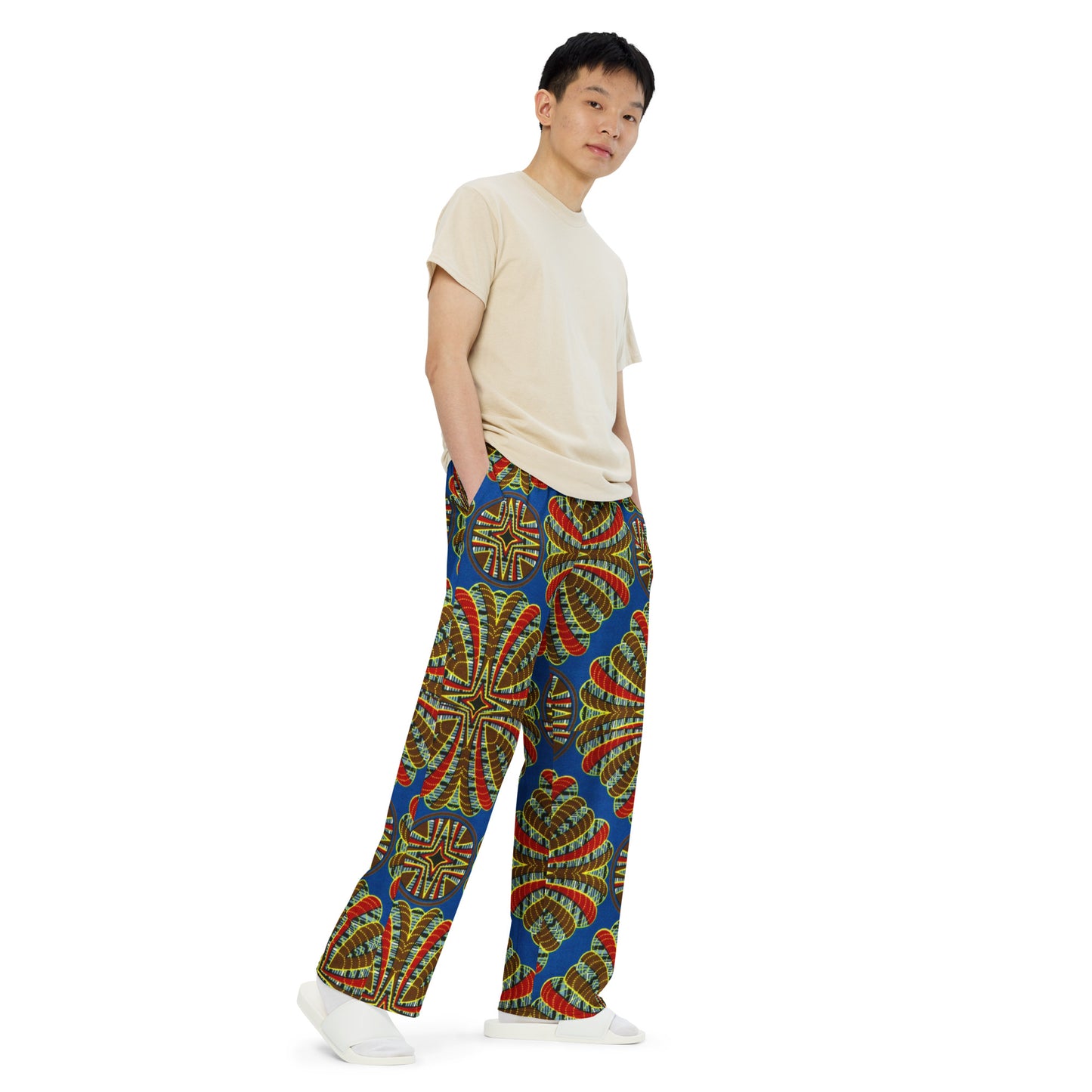 Red & Brown Abstract On Blue Ankara Unisex Wide-Leg Pants