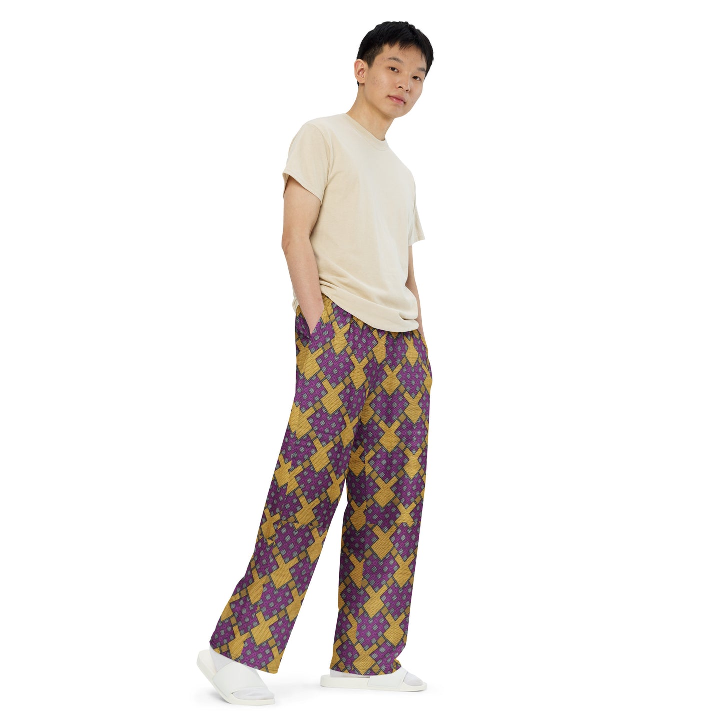 Purple Yellow Shapes Ankara Unisex Wide-Leg Pants