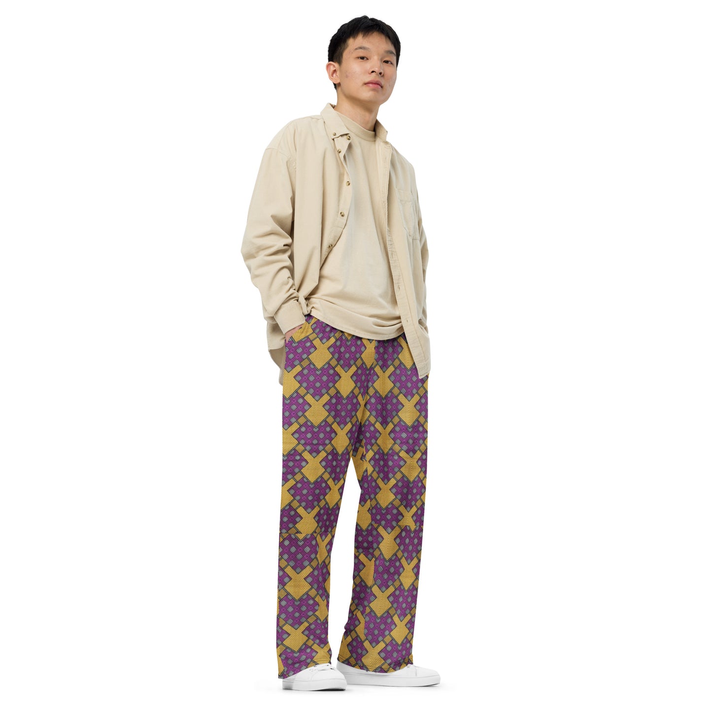 Purple Yellow Shapes Ankara Unisex Wide-Leg Pants