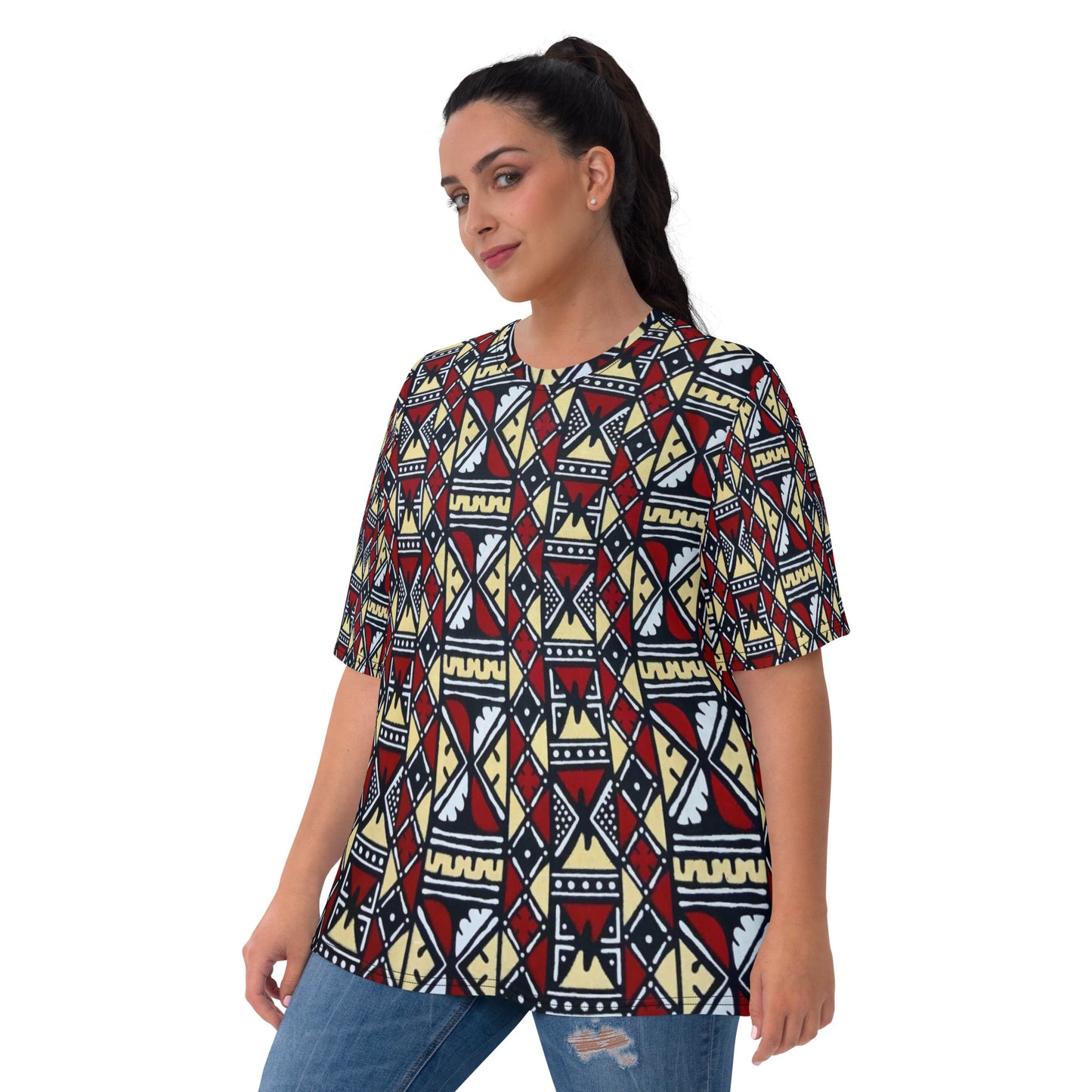 Red Cream Black & White Bogolan Ankara Women's T-shirt