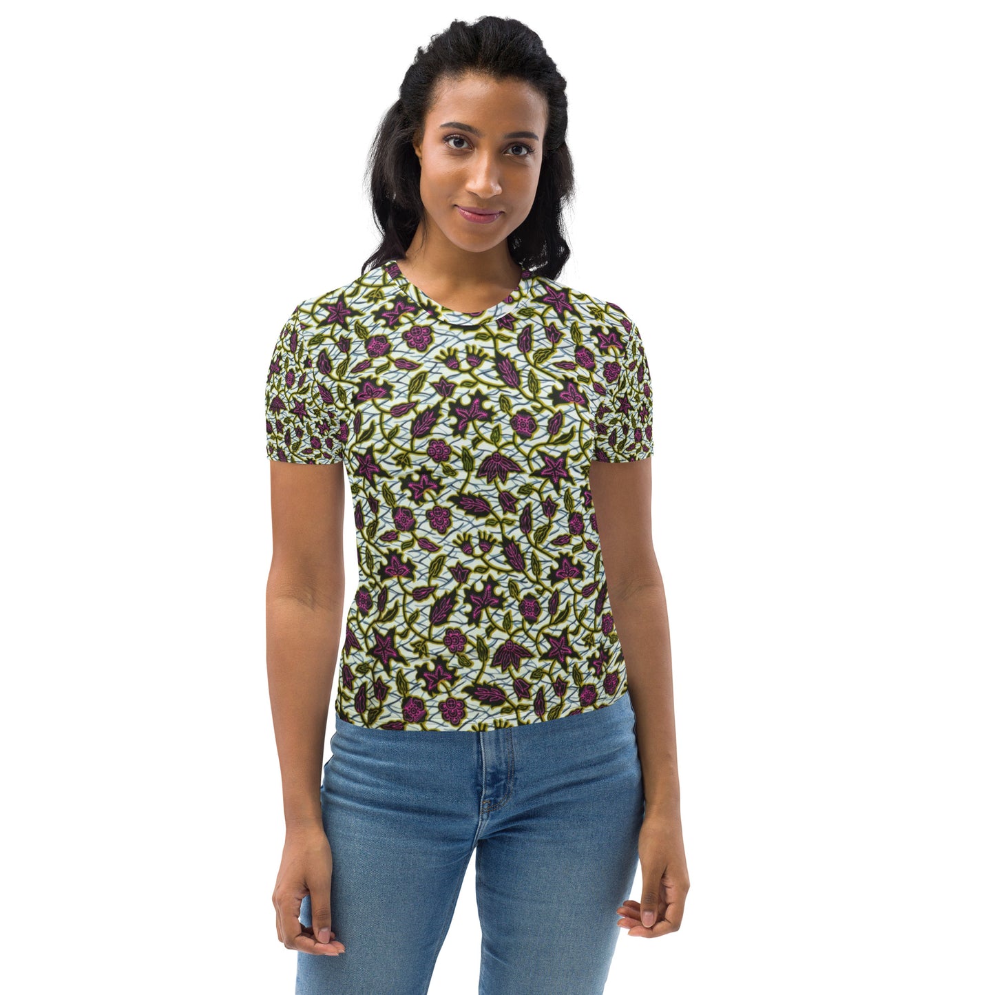 Pink Green Leaves Ankara Women's T-shirt