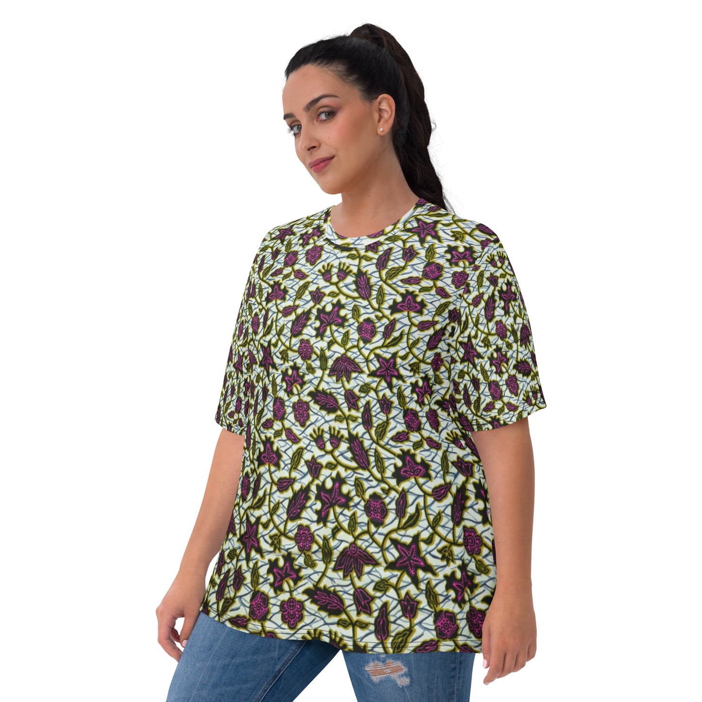 Pink Green Leaves Ankara Women's T-shirt