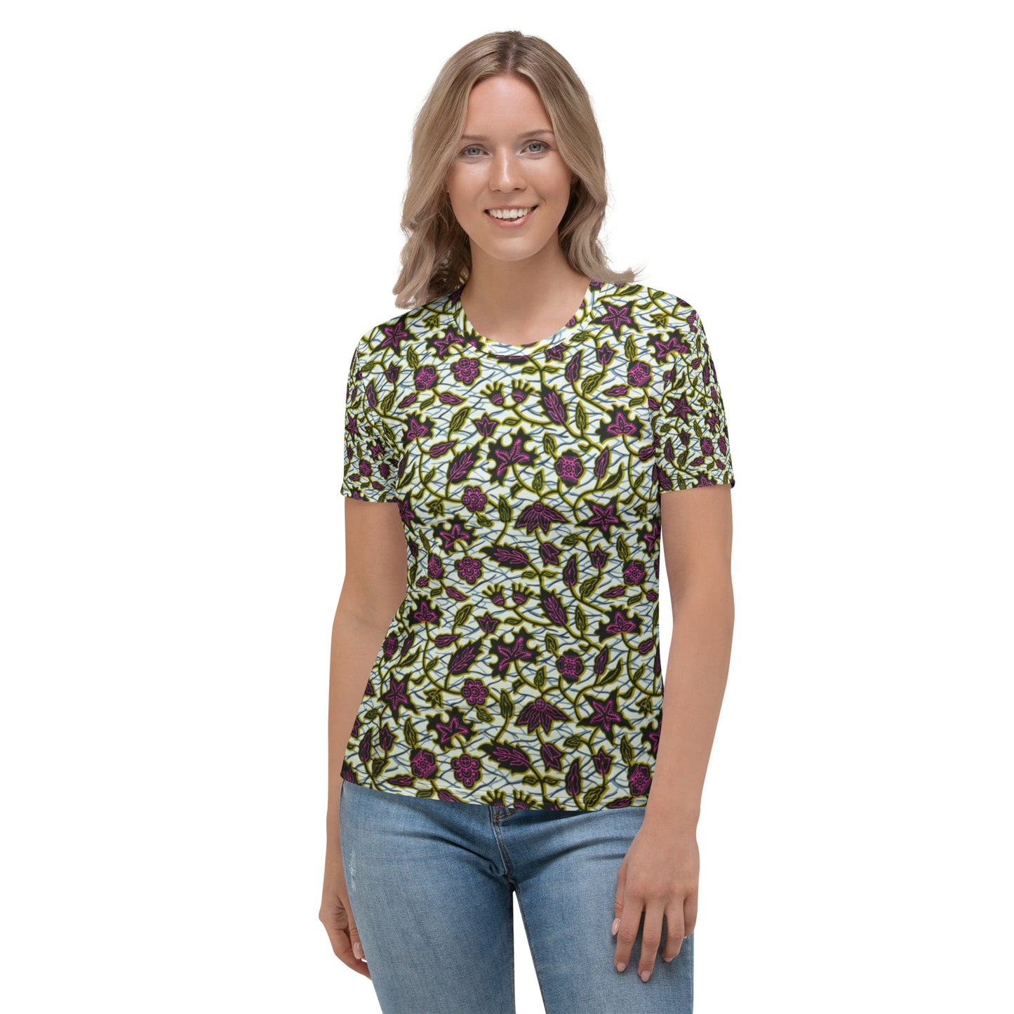 Pink Green Leaves Ankara Women's T-shirt