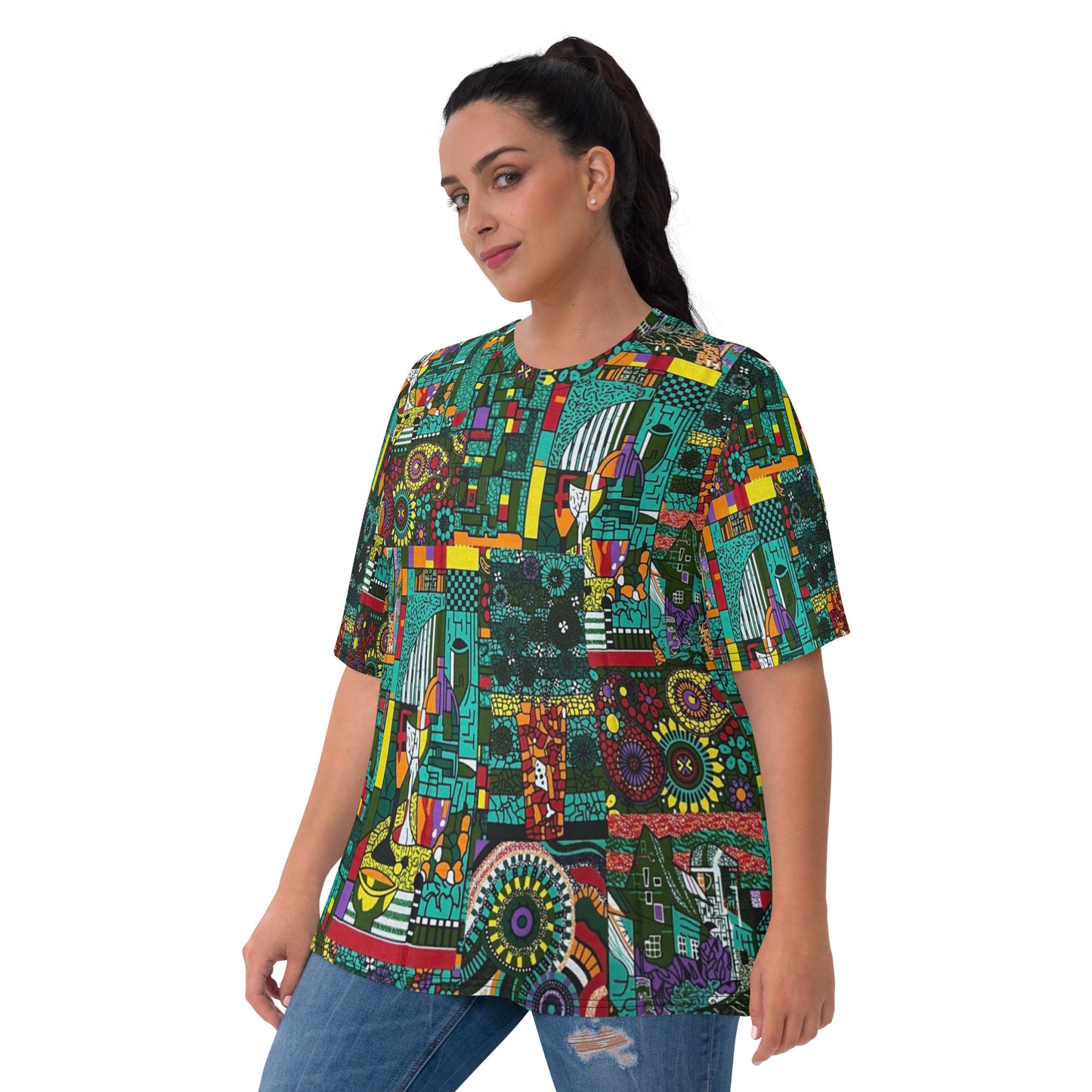 Colourful Green Plants Floral Vase Wine Glass Print Ankara Women's T-shirt