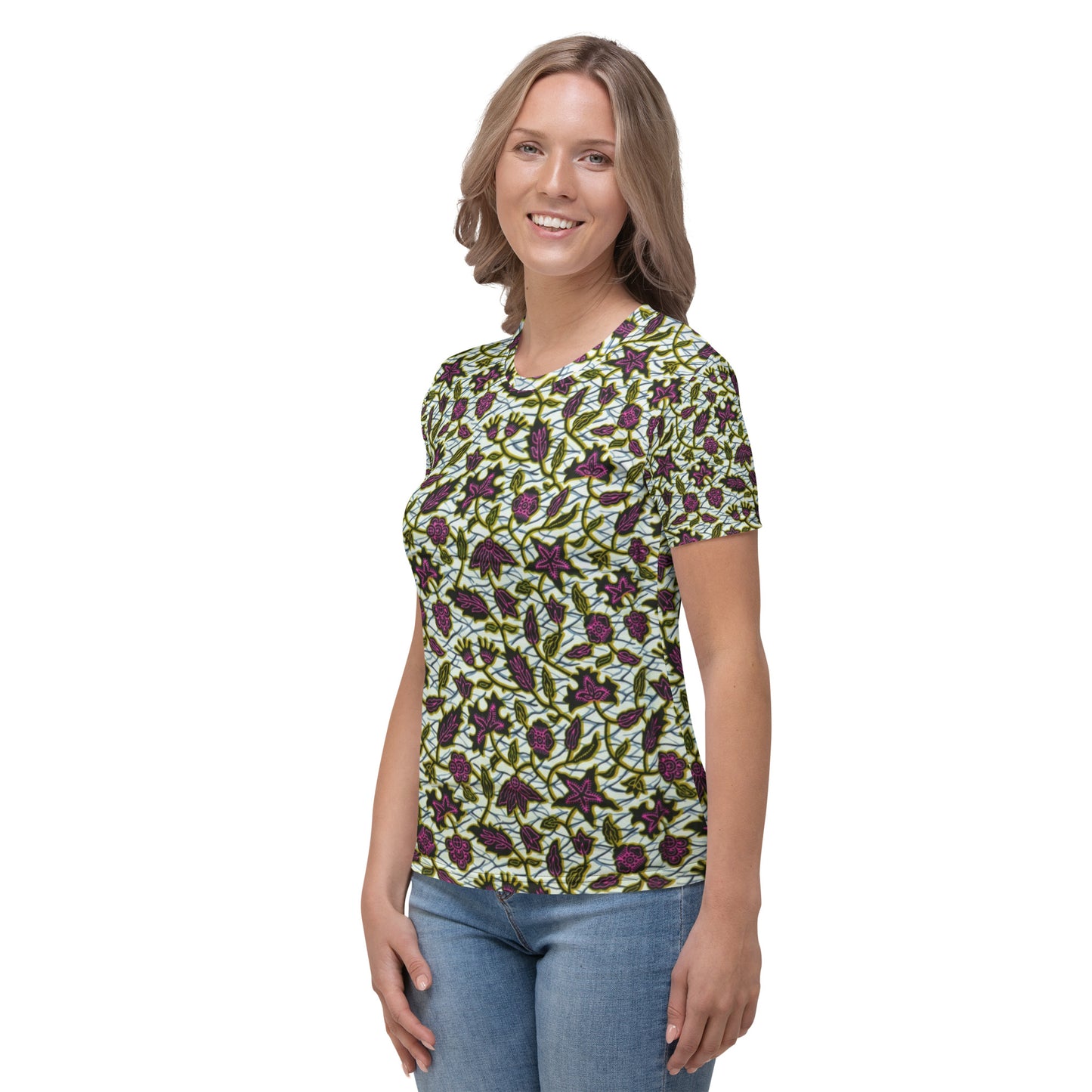 Pink Green Leaves Ankara Women's T-shirt