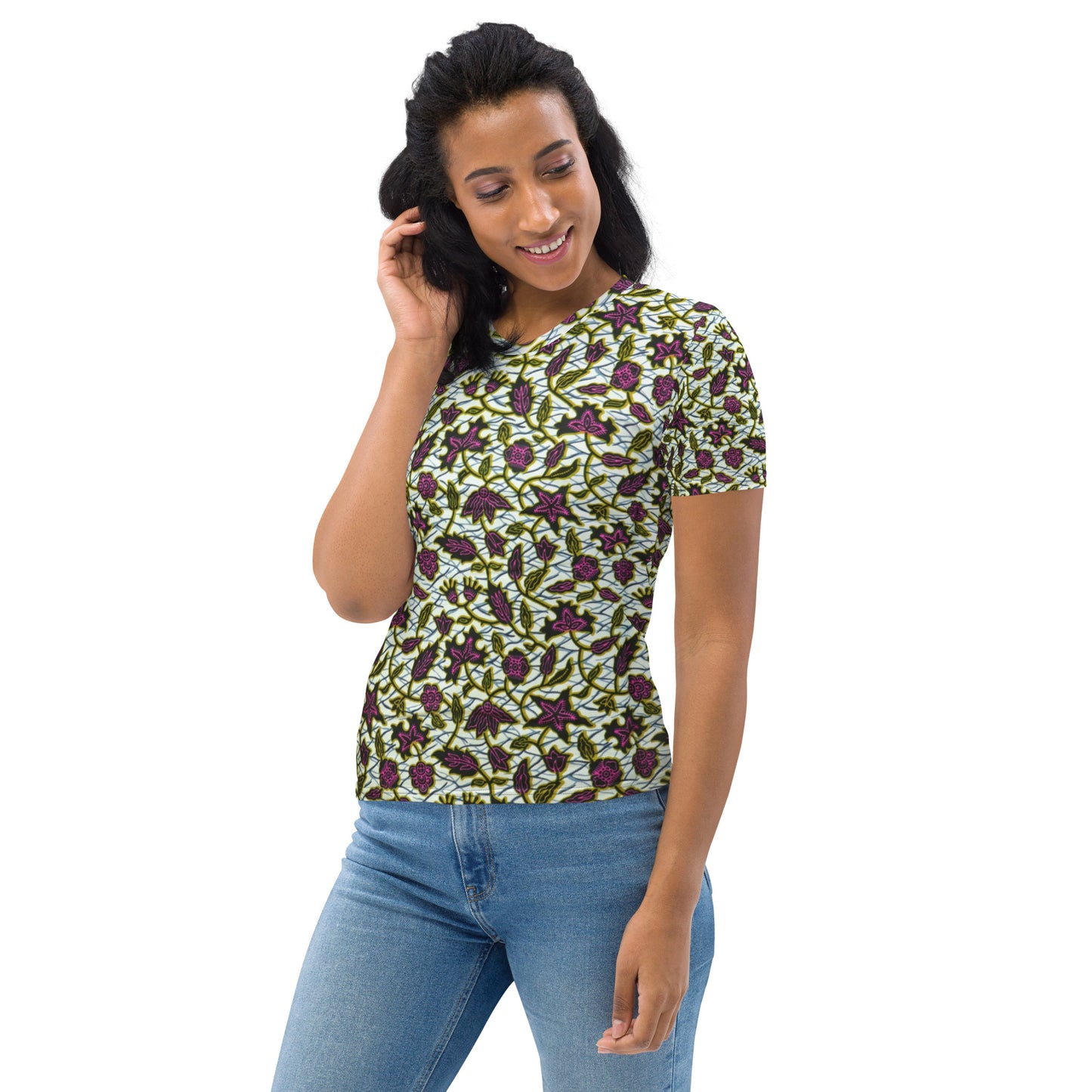 Pink Green Leaves Ankara Women's T-shirt