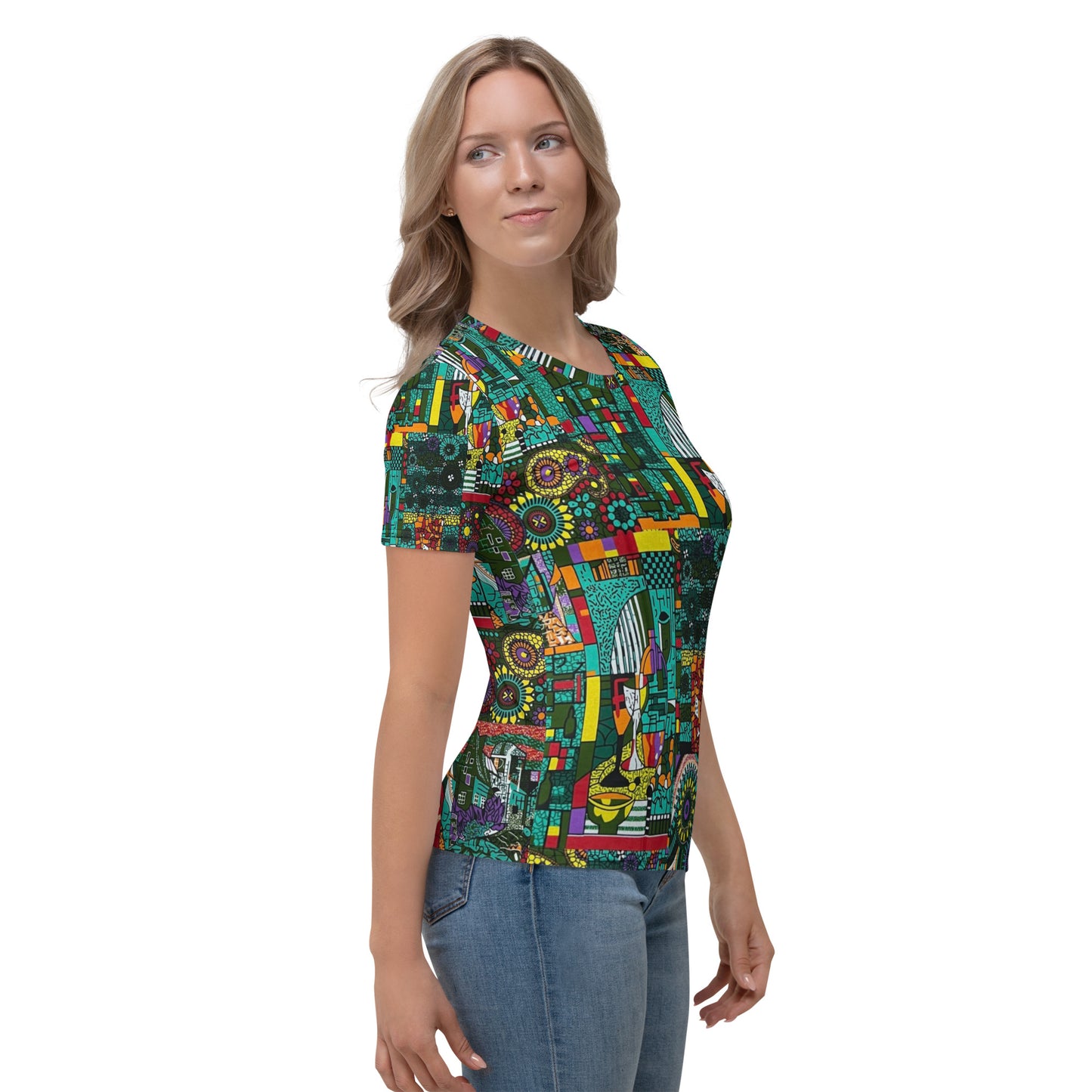 Colourful Green Plants Floral Vase Wine Glass Print Ankara Women's T-shirt