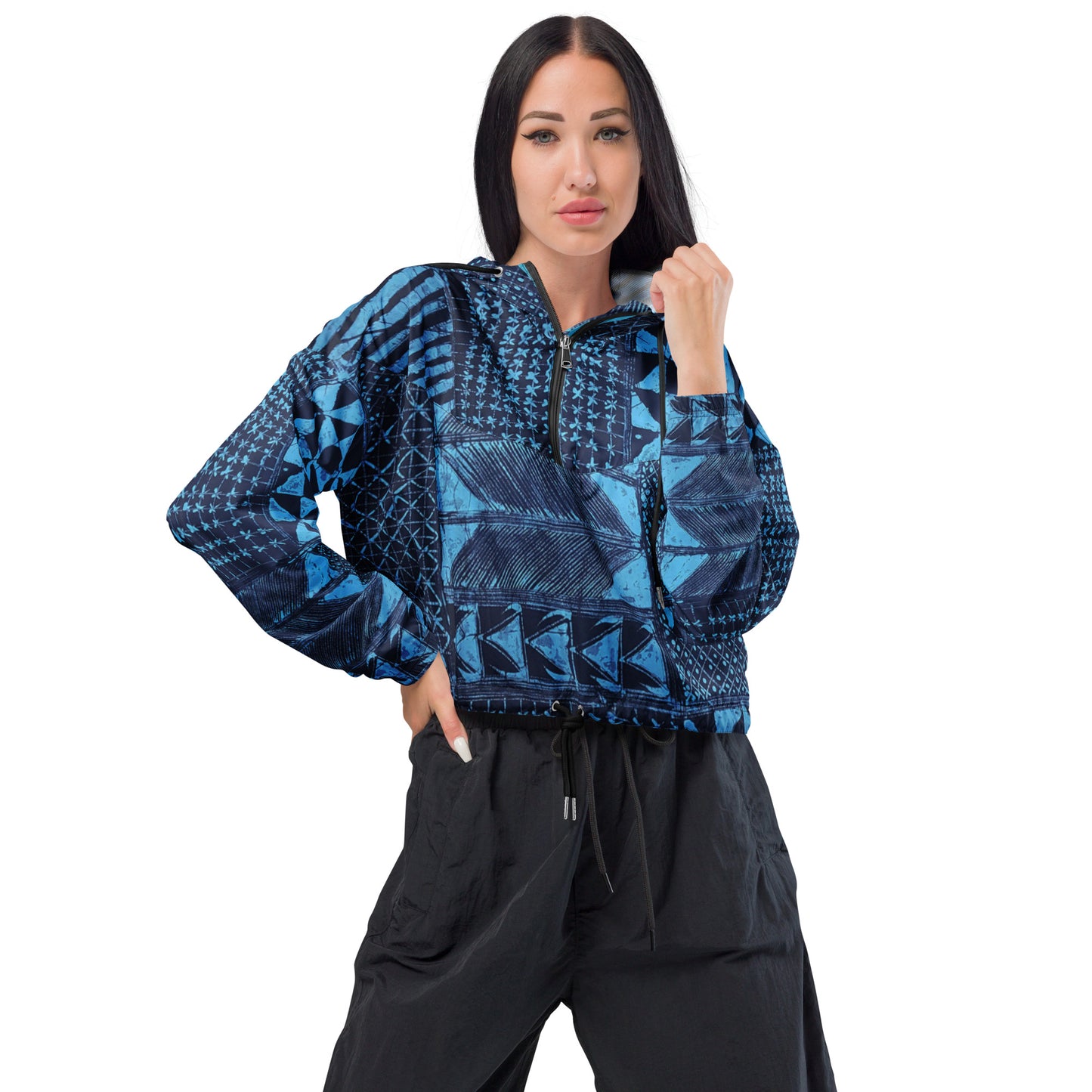 Black And Turquoise Shapes Adire Women’s Cropped Windbreaker