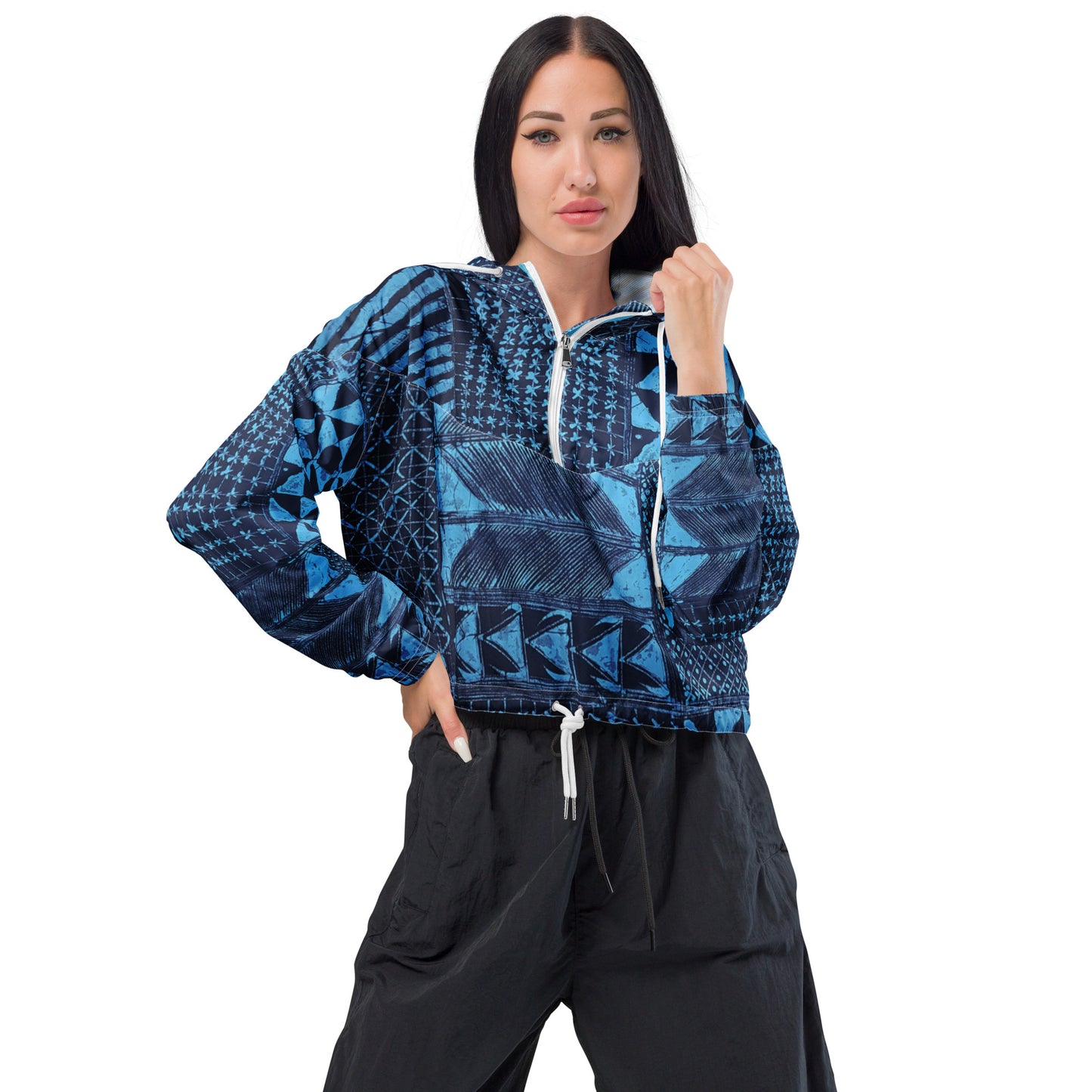 Black And Turquoise Shapes Adire Women’s Cropped Windbreaker