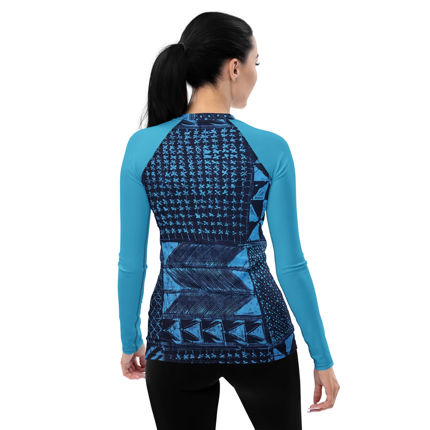 Black And Turquoise Shapes Adire Women's Rash Guard