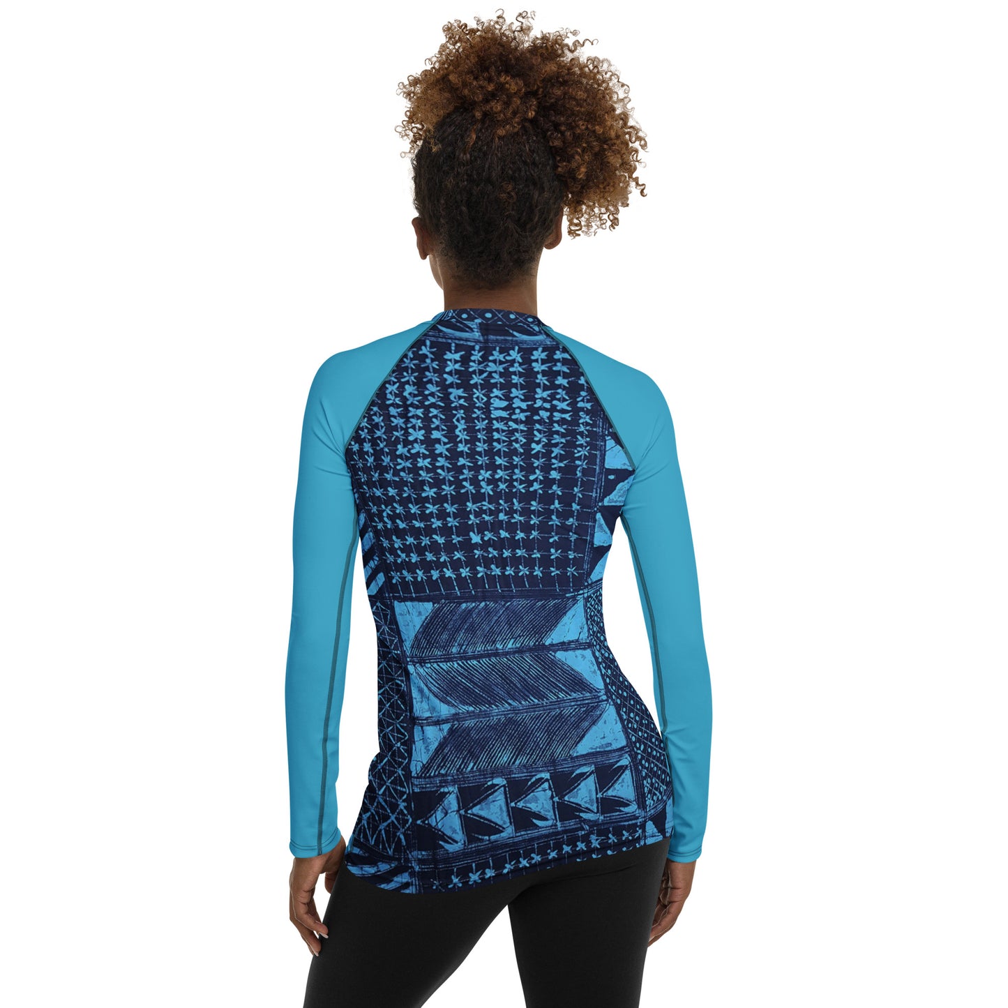 Black And Turquoise Shapes Adire Women's Rash Guard