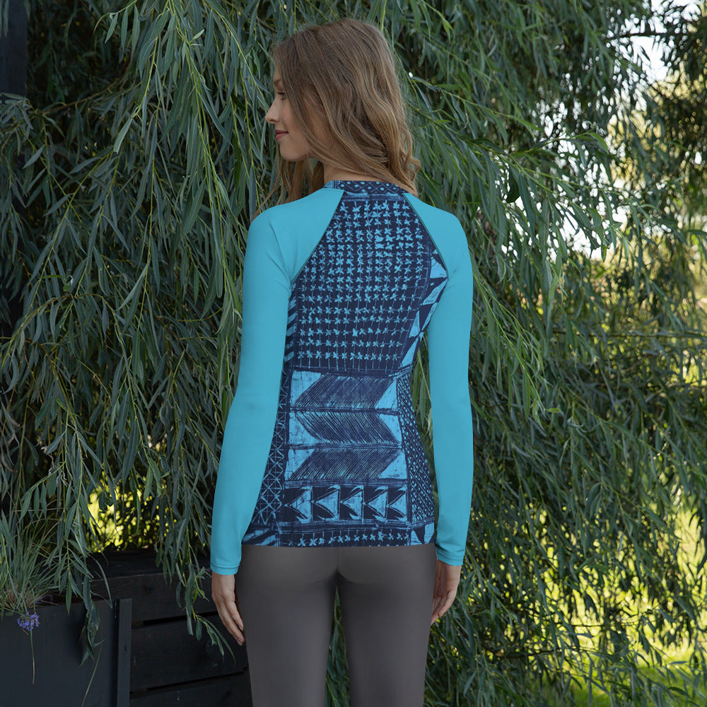 Black And Turquoise Shapes Adire Women's Rash Guard