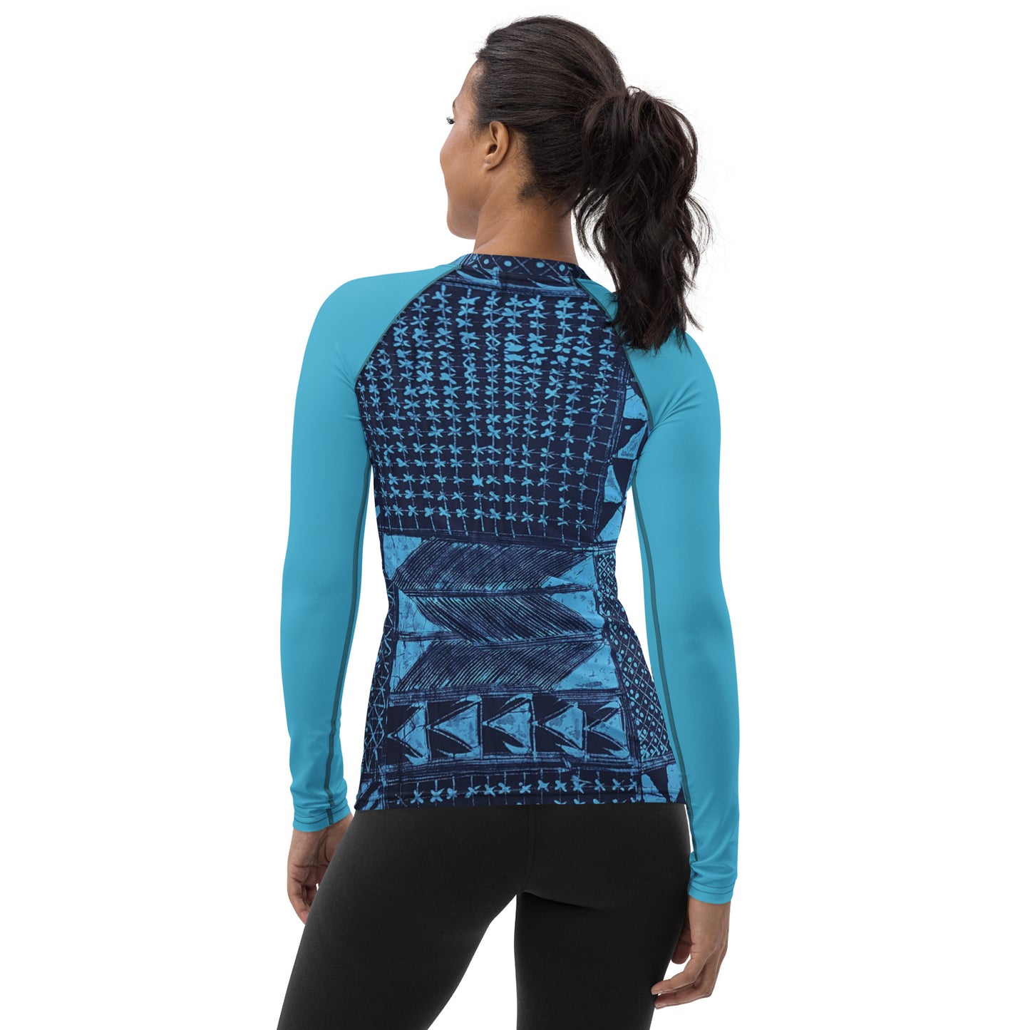 Black And Turquoise Shapes Adire Women's Rash Guard