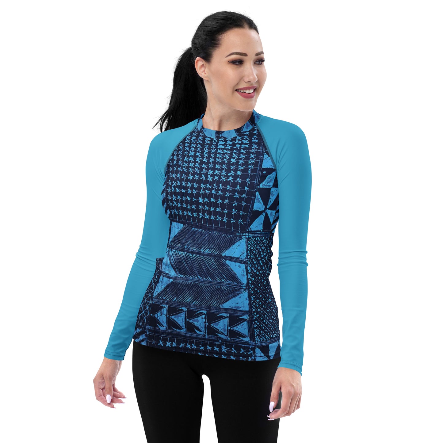 Black And Turquoise Shapes Adire Women's Rash Guard