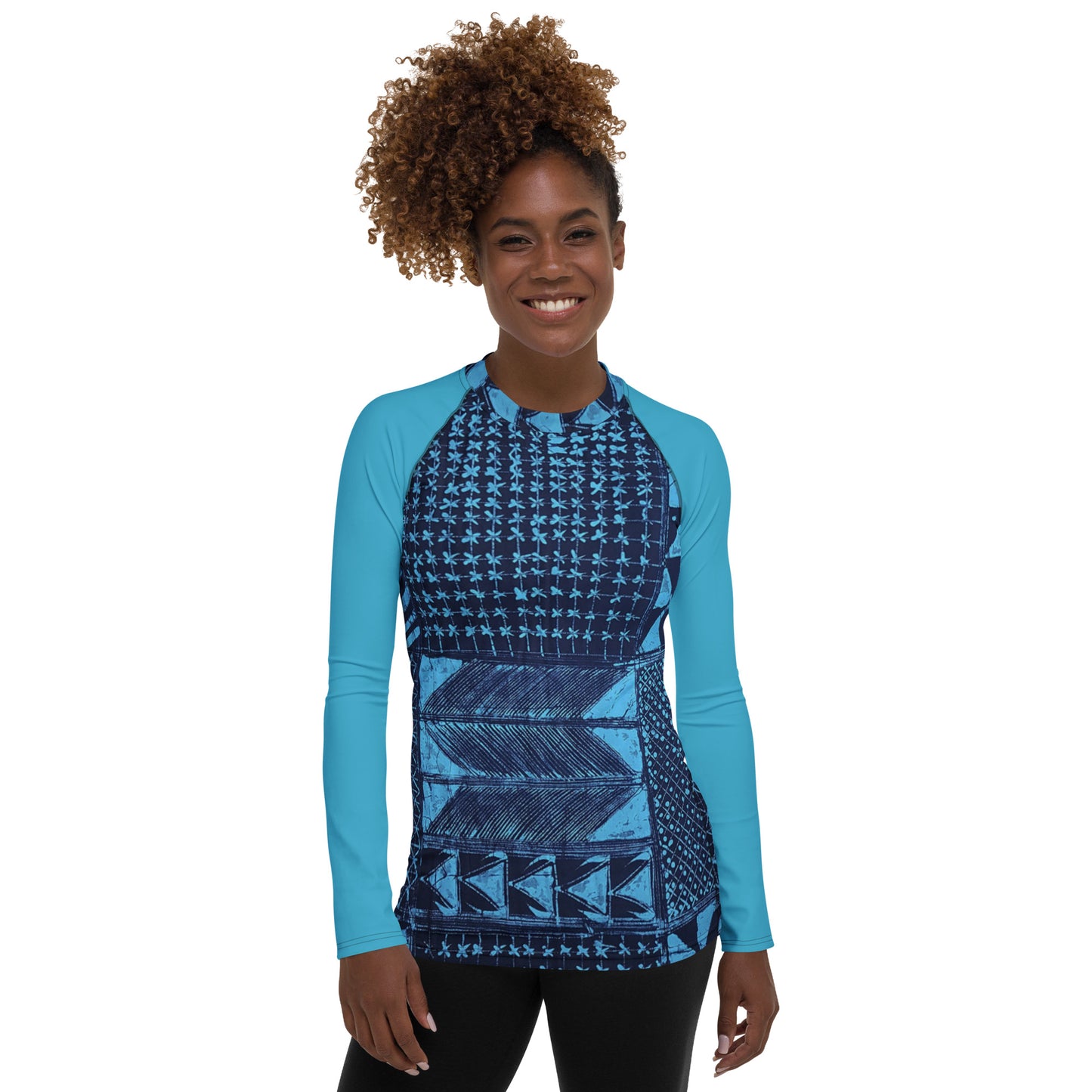 Black And Turquoise Shapes Adire Women's Rash Guard