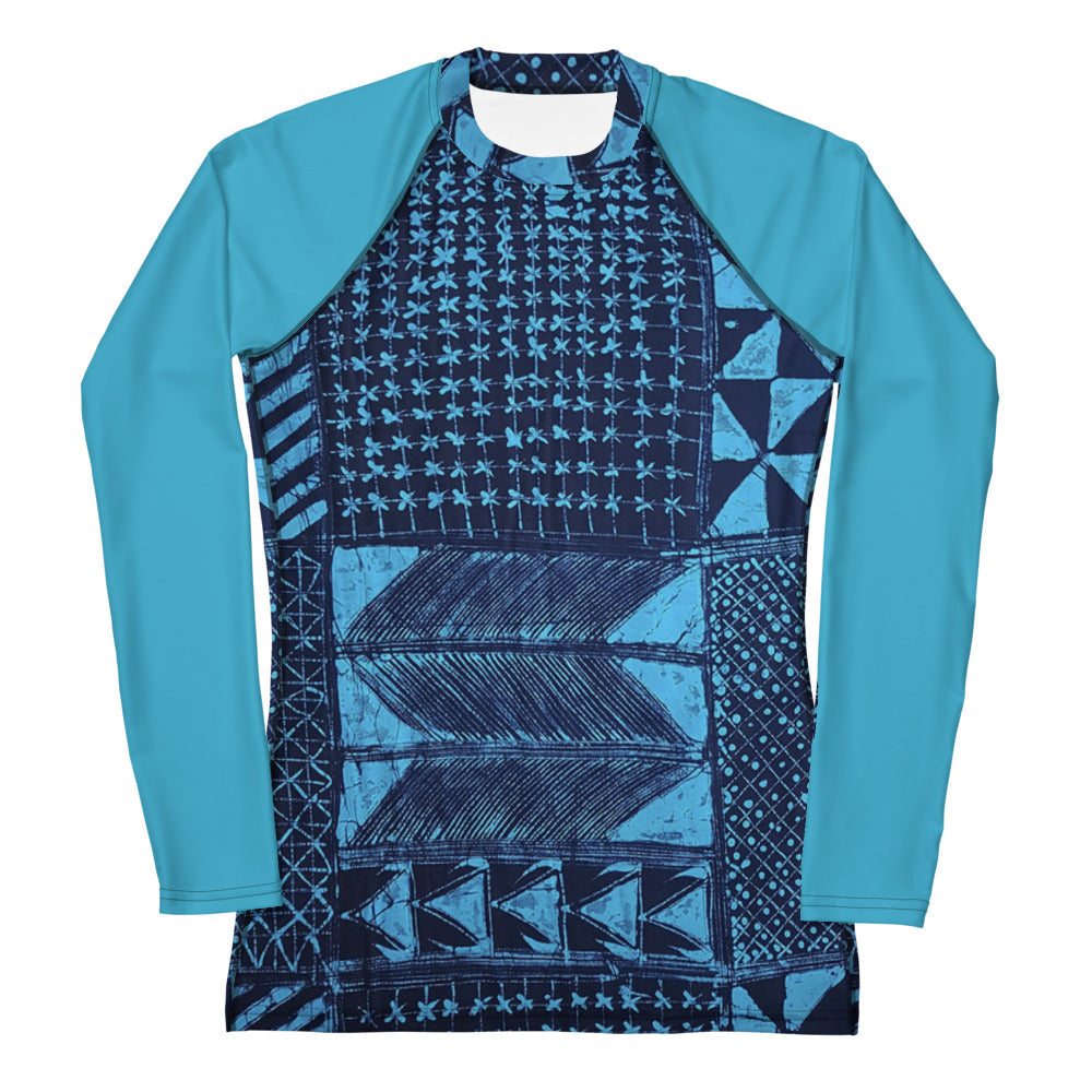 Black And Turquoise Shapes Adire Women's Rash Guard